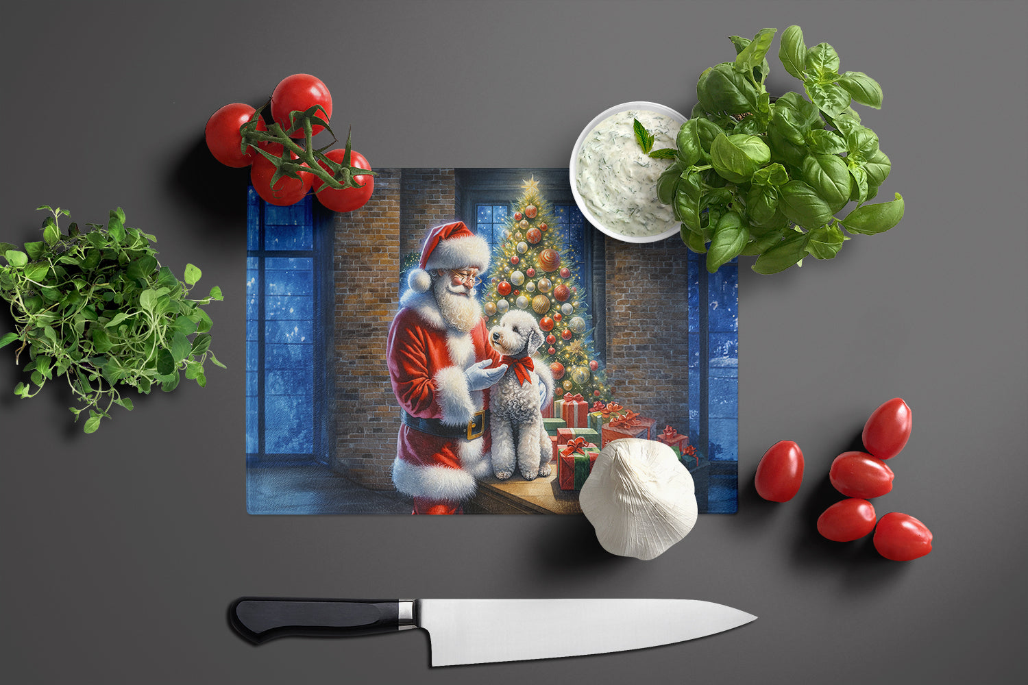 Bedlington Terrier and Santa Claus Glass Cutting Board