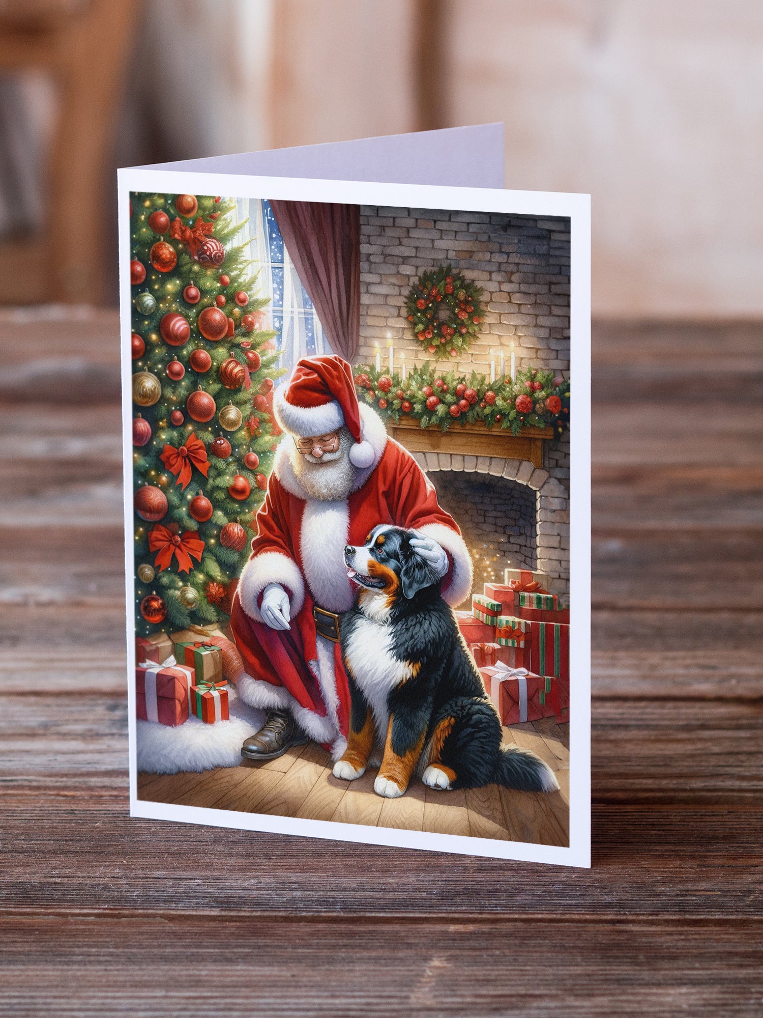 Bernese Mountain Dog and Santa Claus Greeting Cards Pack of 8