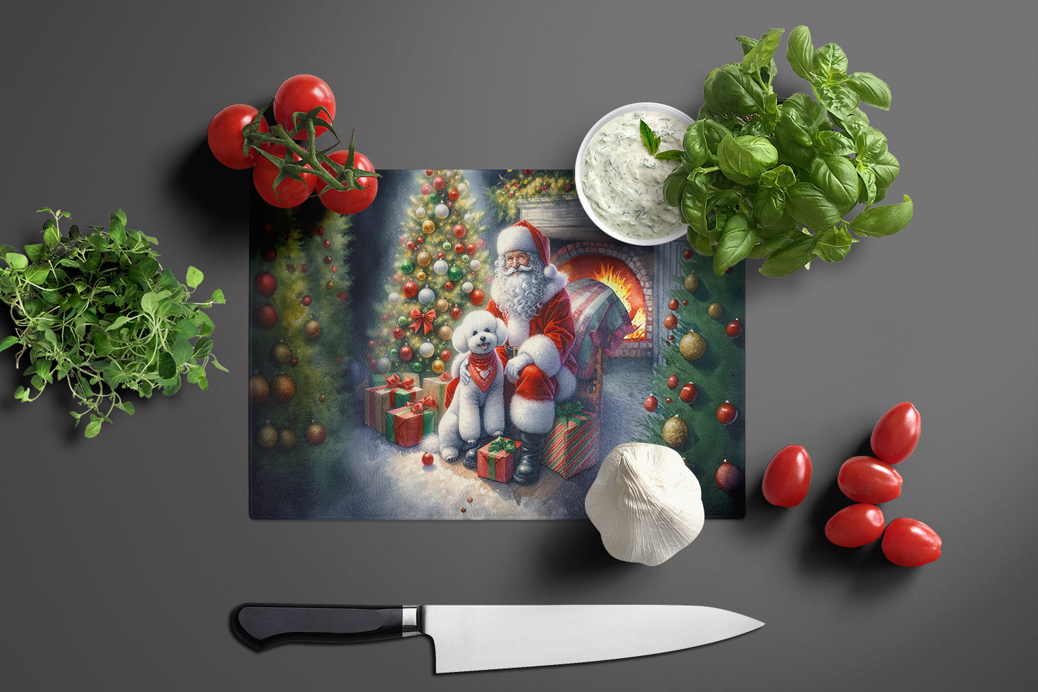 Bichon Frise and Santa Claus Glass Cutting Board