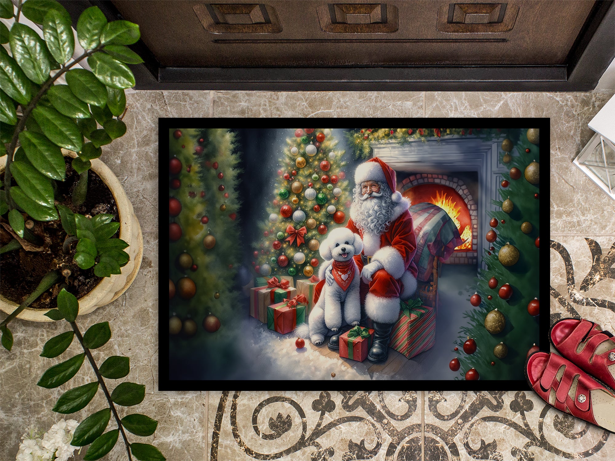 Bichon Frise and Santa Claus Doormat