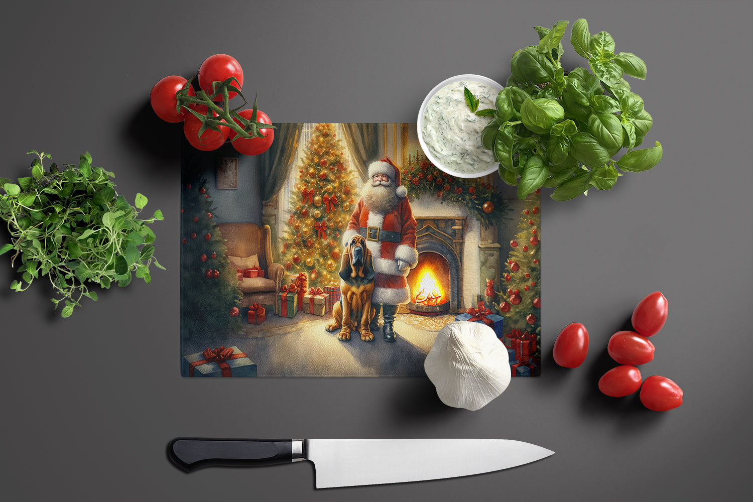 Bloodhound and Santa Claus Glass Cutting Board