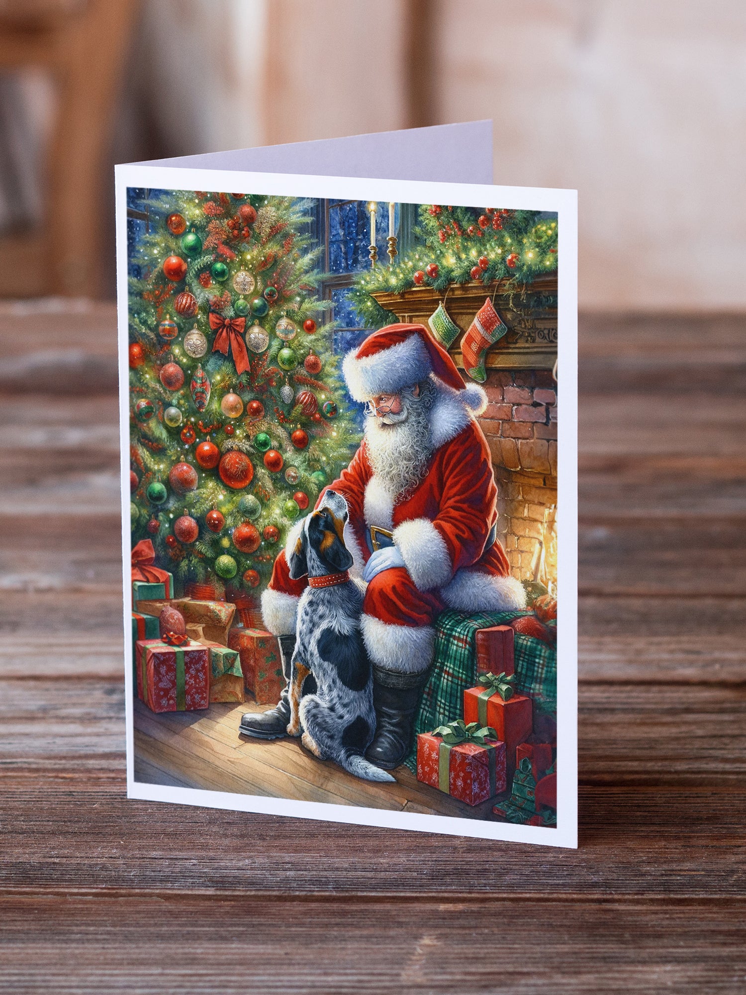 Bluetick Hound and Santa Claus Greeting Cards Pack of 8
