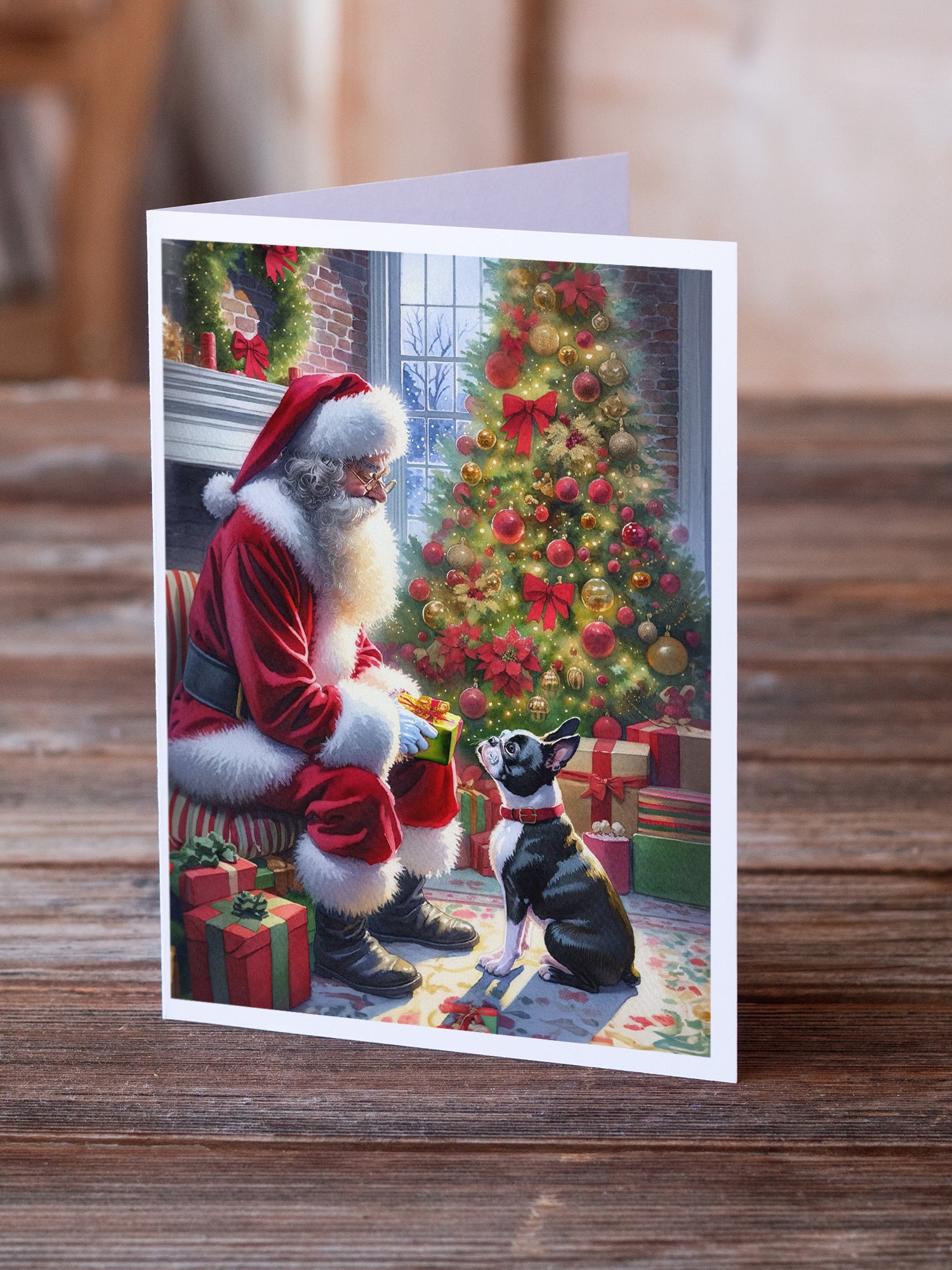 Boston Terrier and Santa Claus Greeting Cards Pack of 8