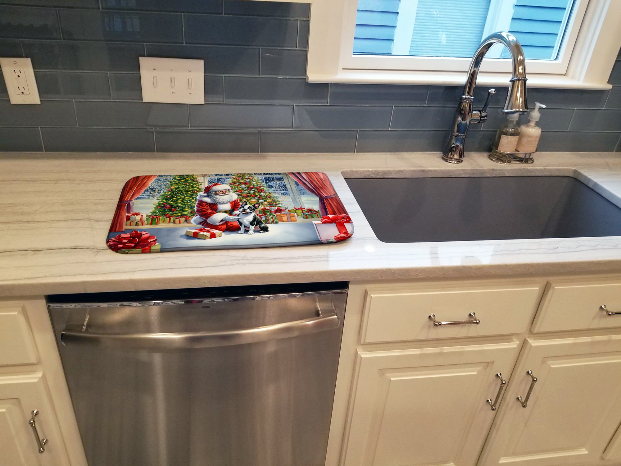 Boston Terrier and Santa Claus Dish Drying Mat