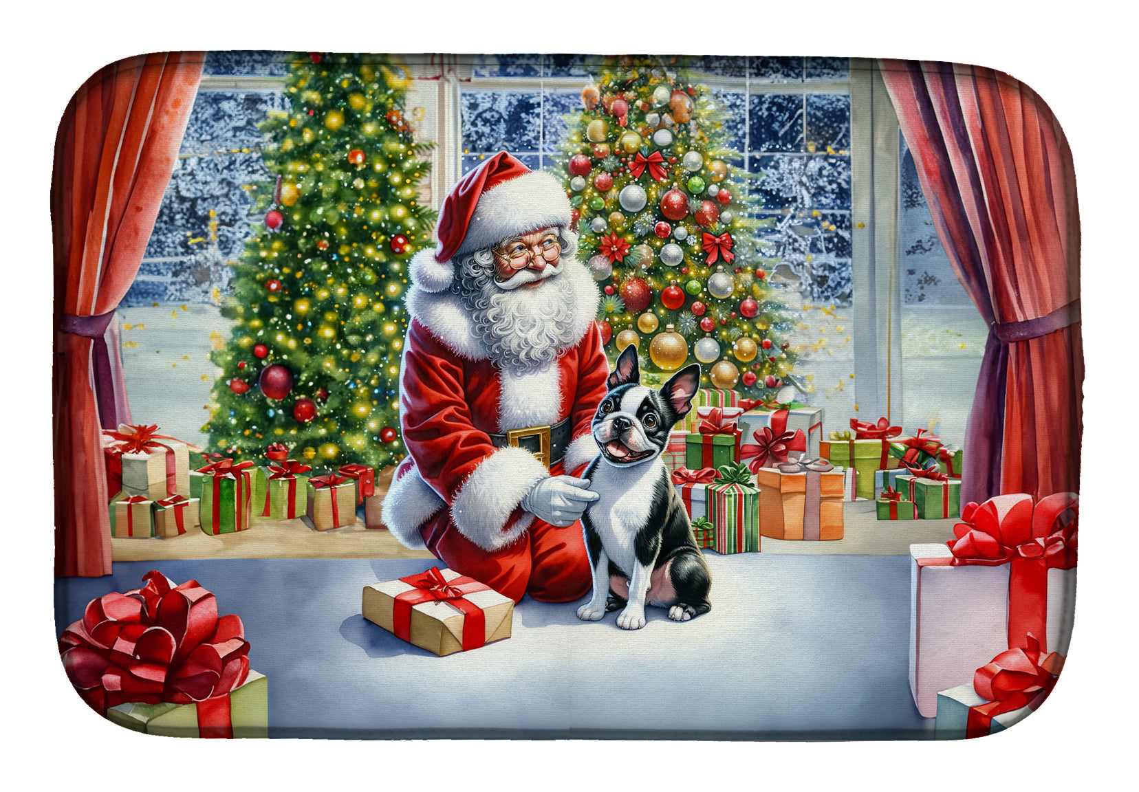 Buy this Boston Terrier and Santa Claus Dish Drying Mat