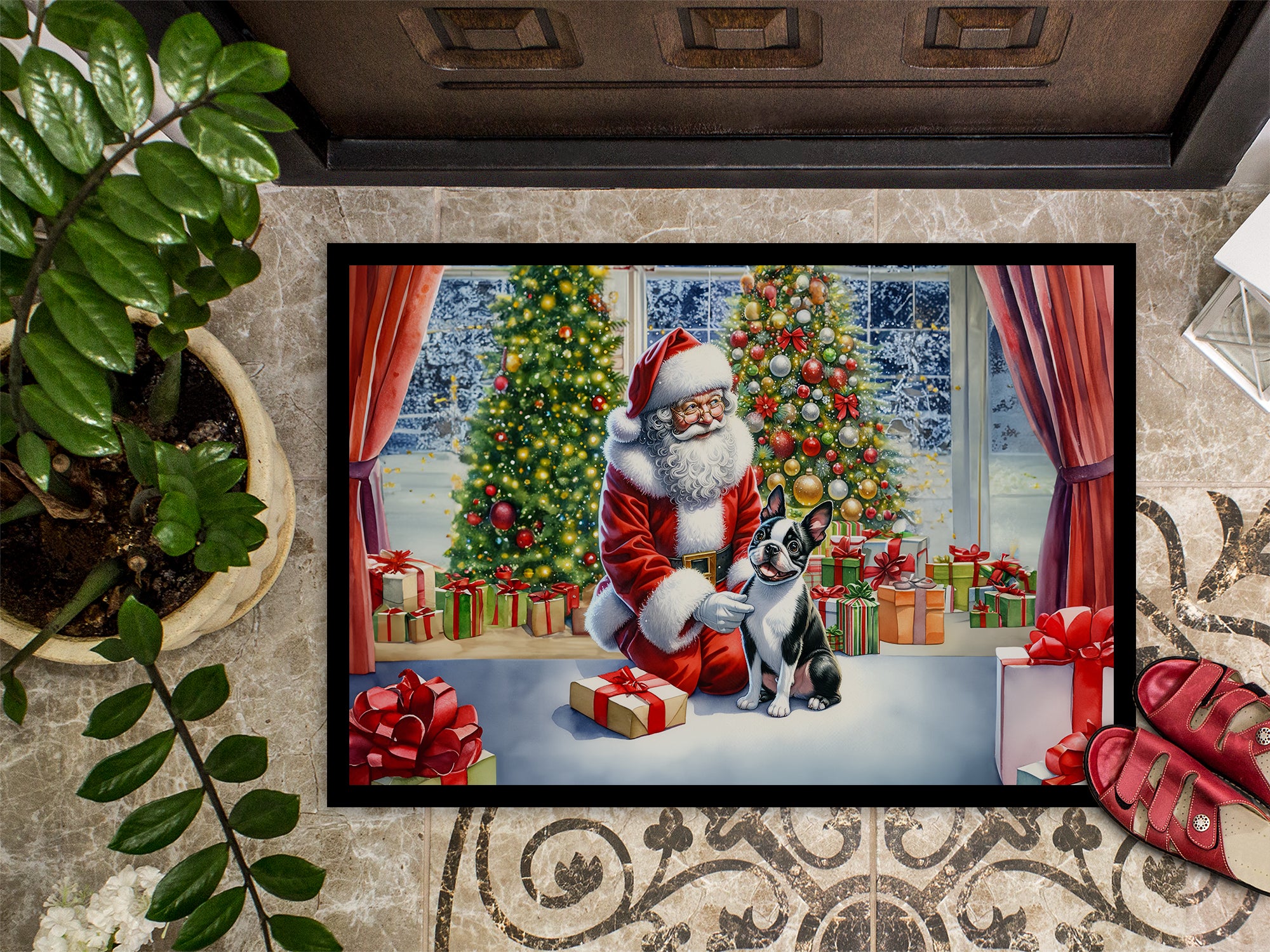 Boston Terrier and Santa Claus Doormat