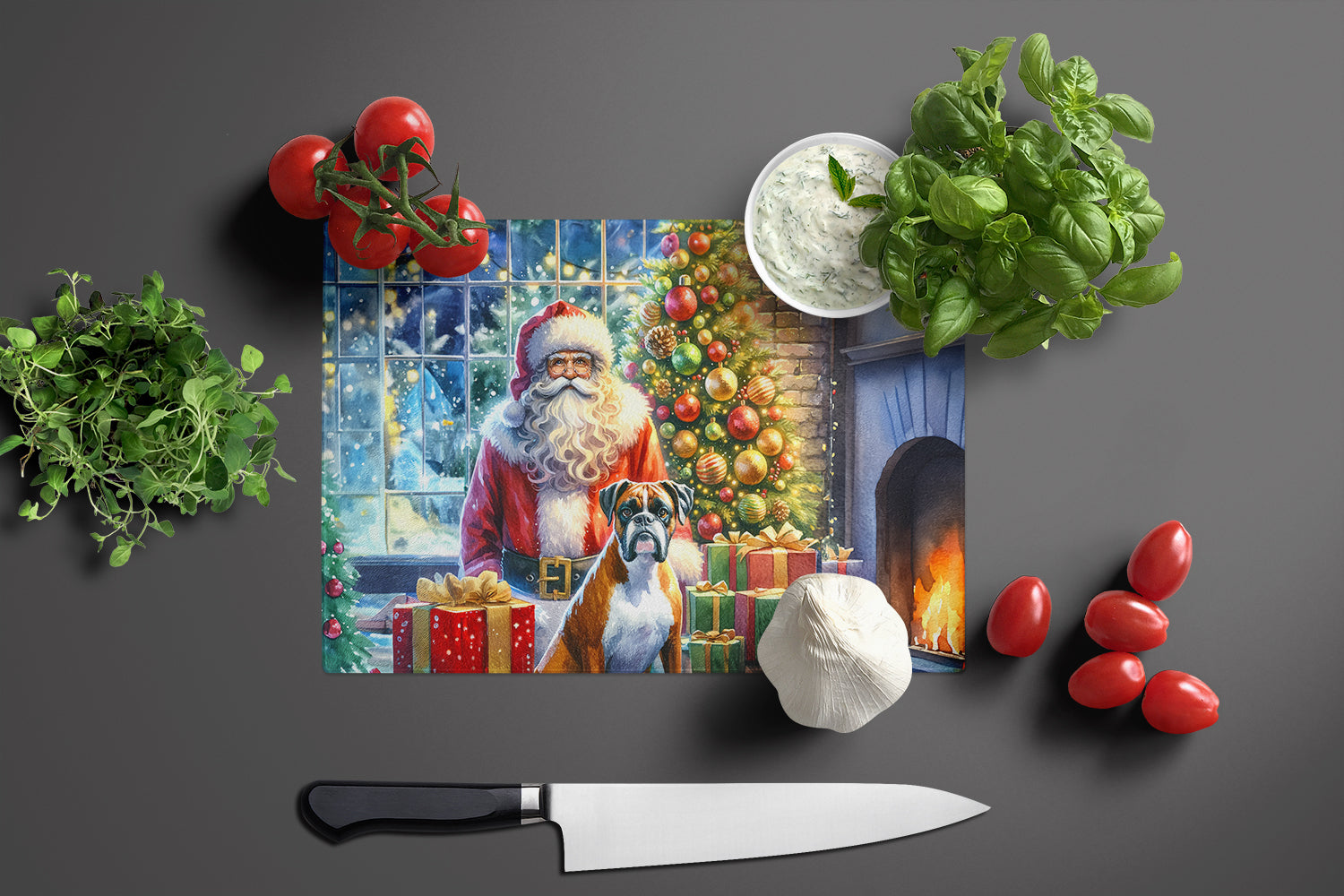 Boxer and Santa Claus Glass Cutting Board