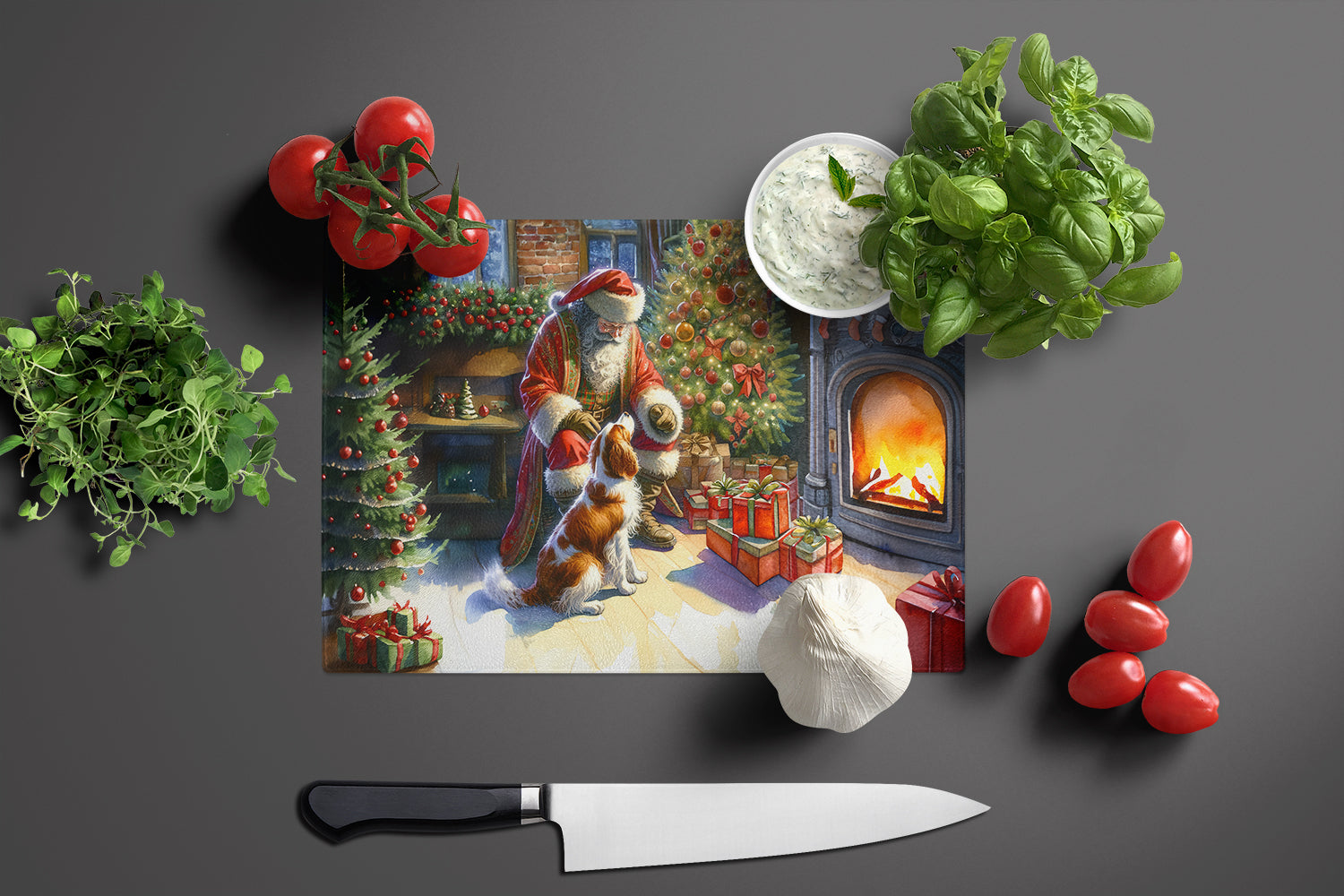 Brittany and Santa Claus Glass Cutting Board