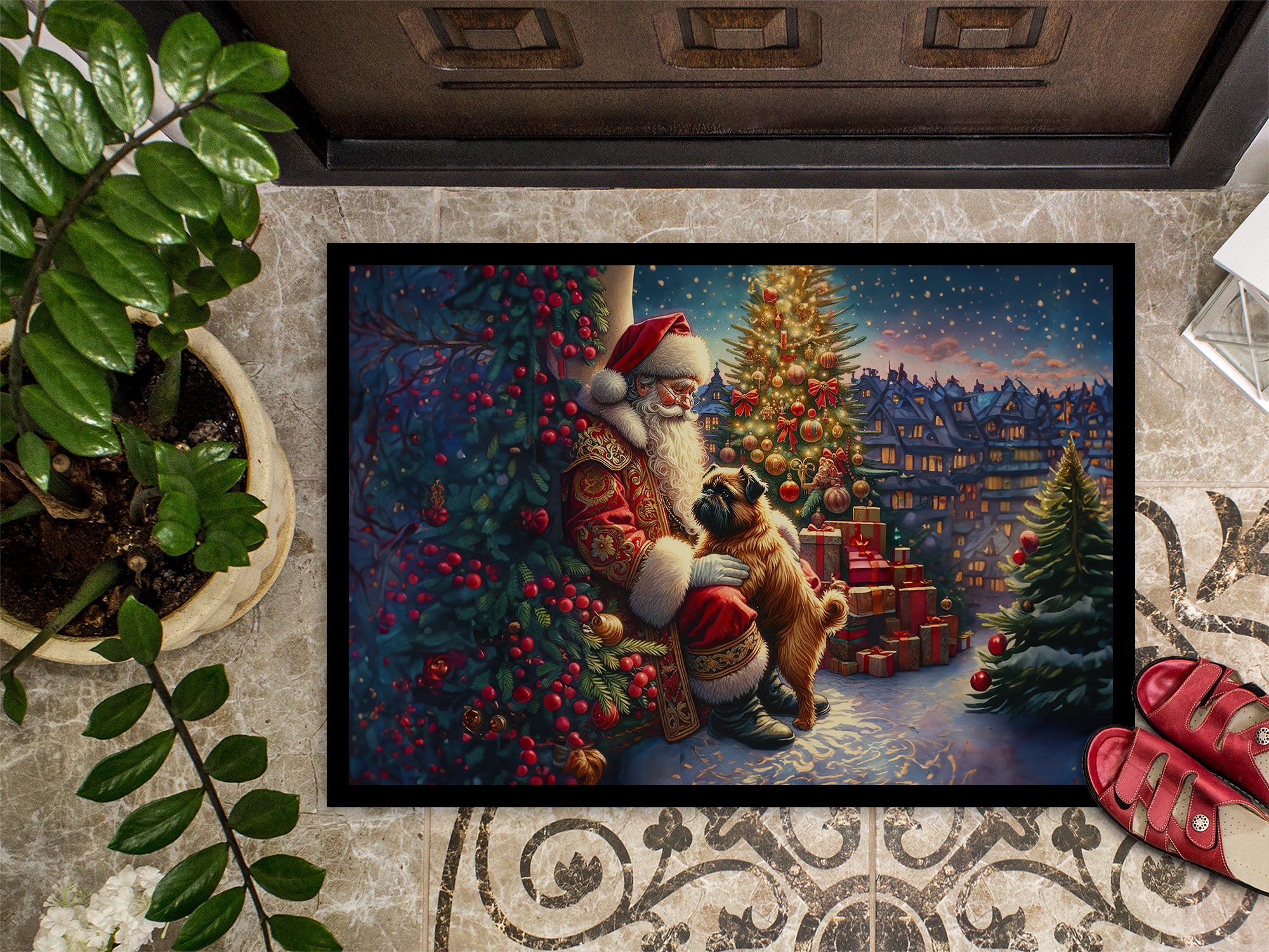 Brussels Griffon and Santa Claus Doormat