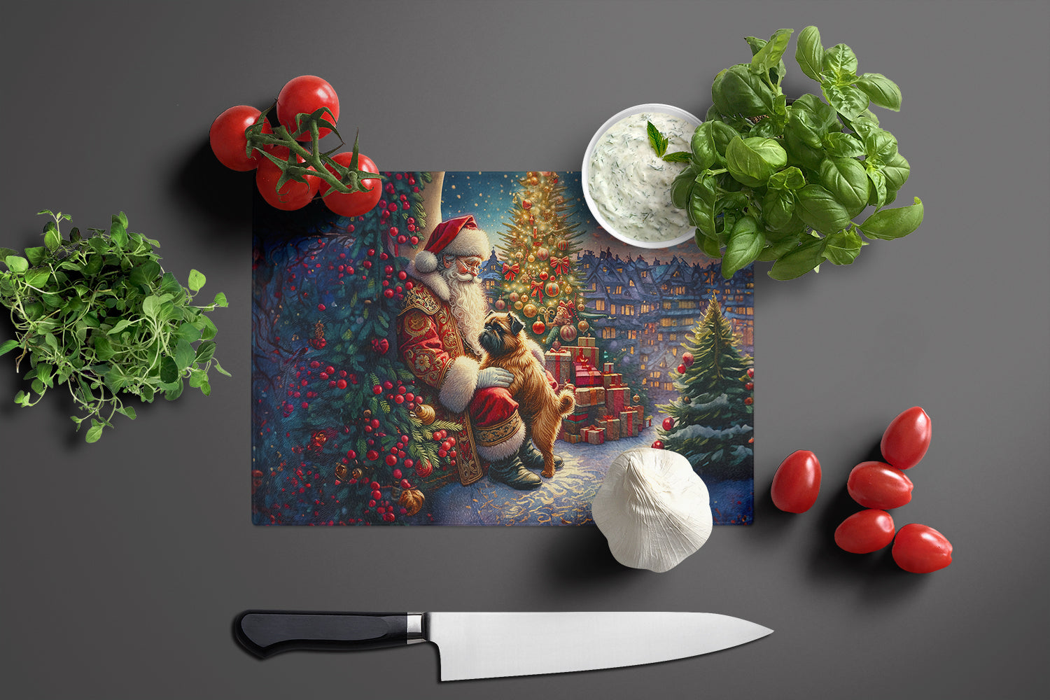 Brussels Griffon and Santa Claus Glass Cutting Board