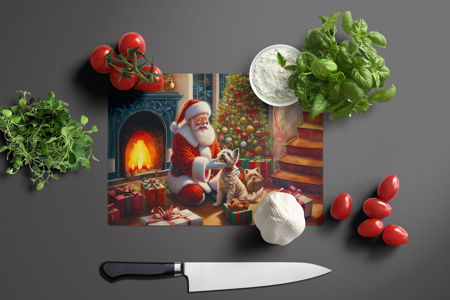 Cairn Terrier and Santa Claus Glass Cutting Board