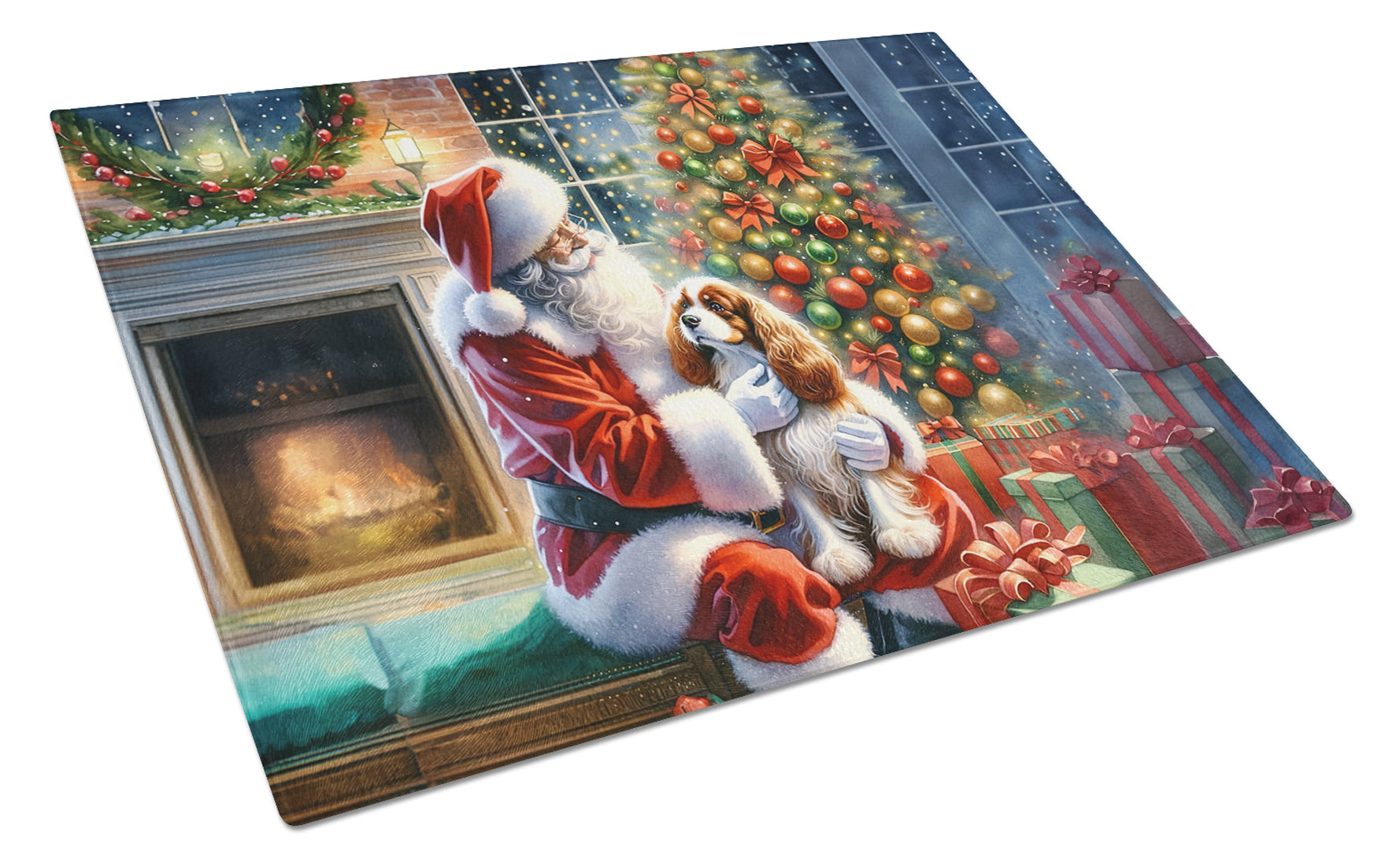 Buy this Cavalier Spaniel and Santa Claus Glass Cutting Board