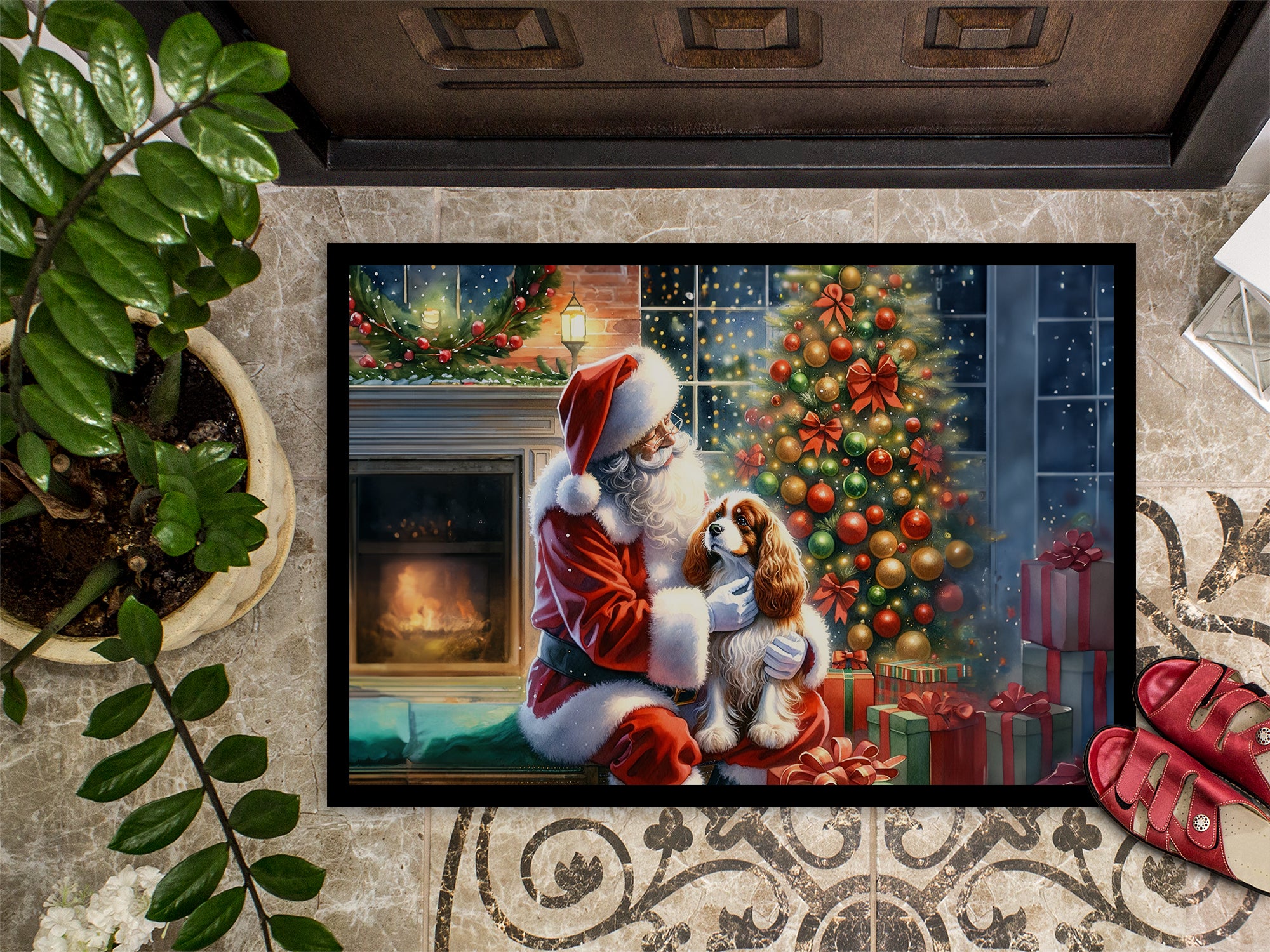 Cavalier Spaniel and Santa Claus Doormat