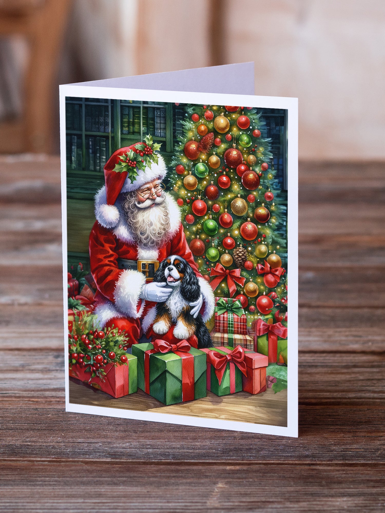 Cavalier Spaniel and Santa Claus Greeting Cards Pack of 8