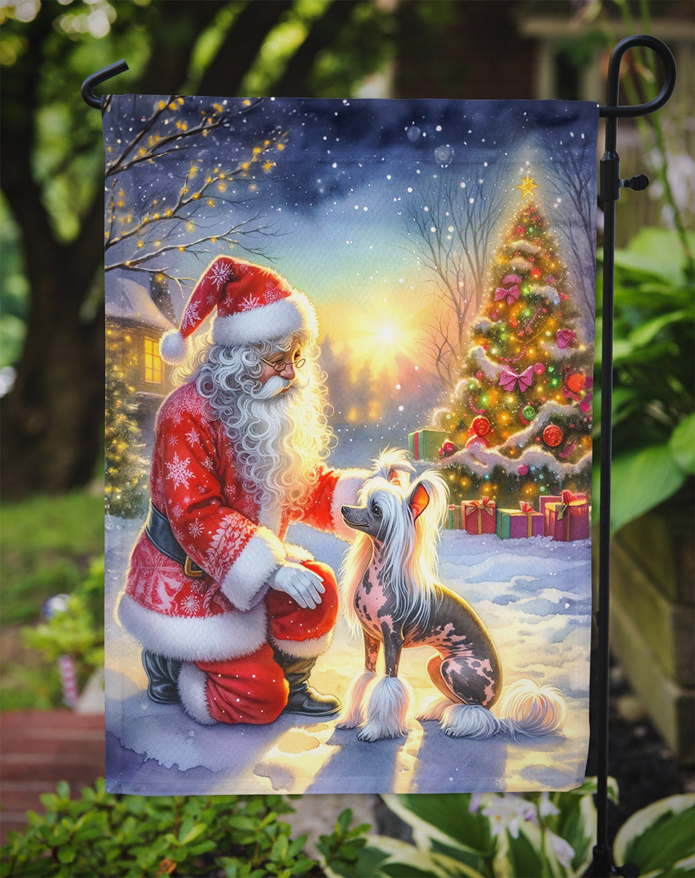 Chinese Crested and Santa Claus Garden Flag