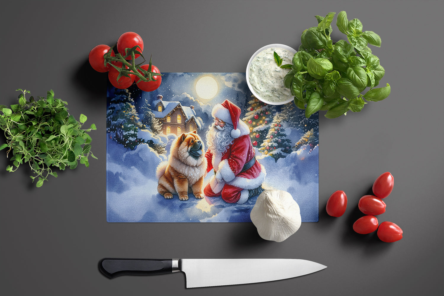 Chow Chow and Santa Claus Glass Cutting Board