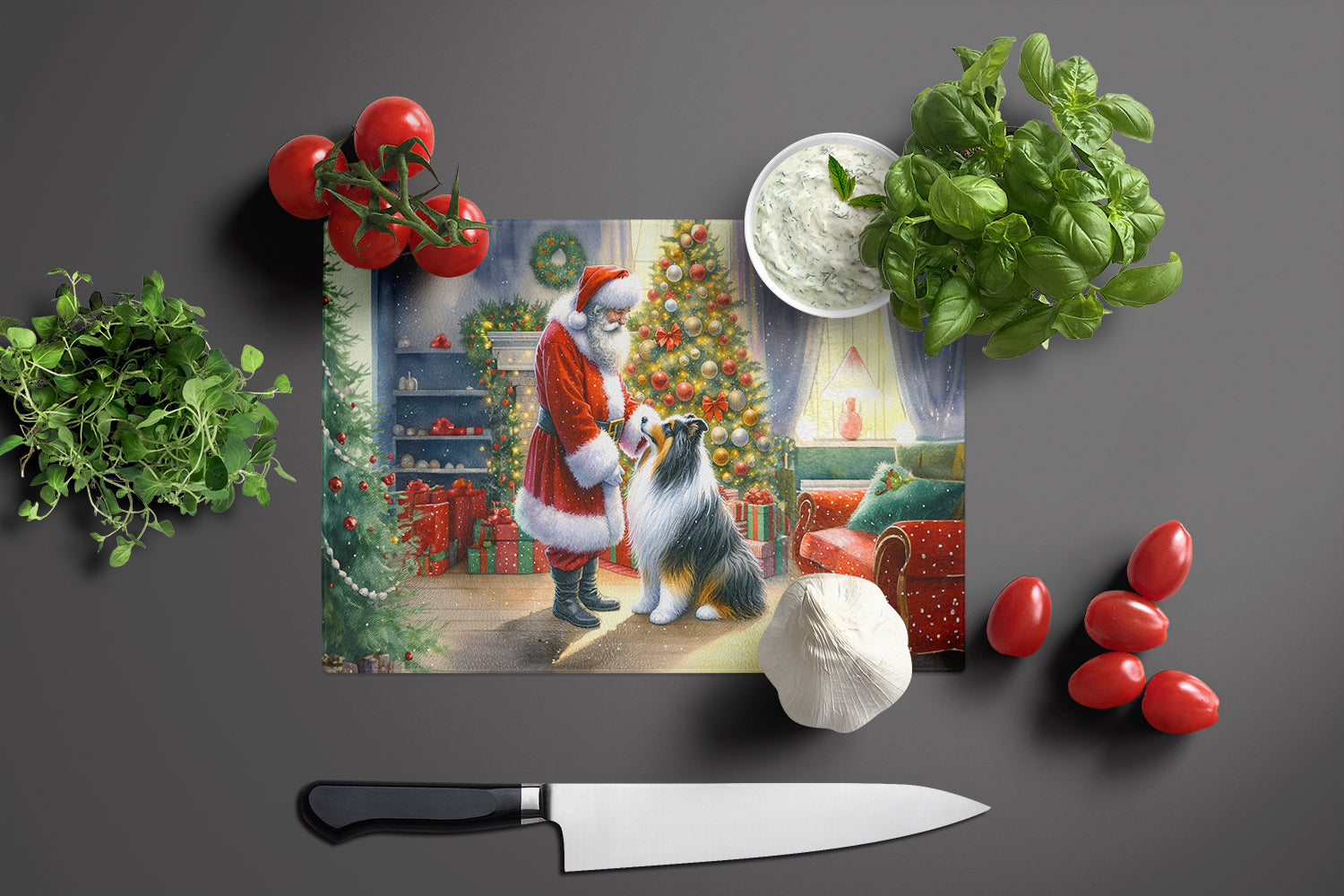 Collie and Santa Claus Glass Cutting Board