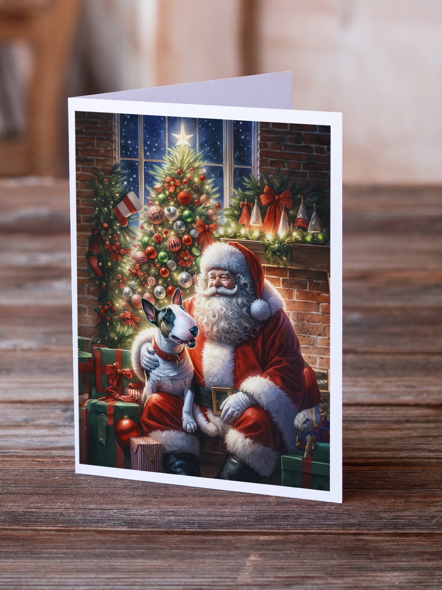 English Bull Terrier and Santa Claus Greeting Cards Pack of 8