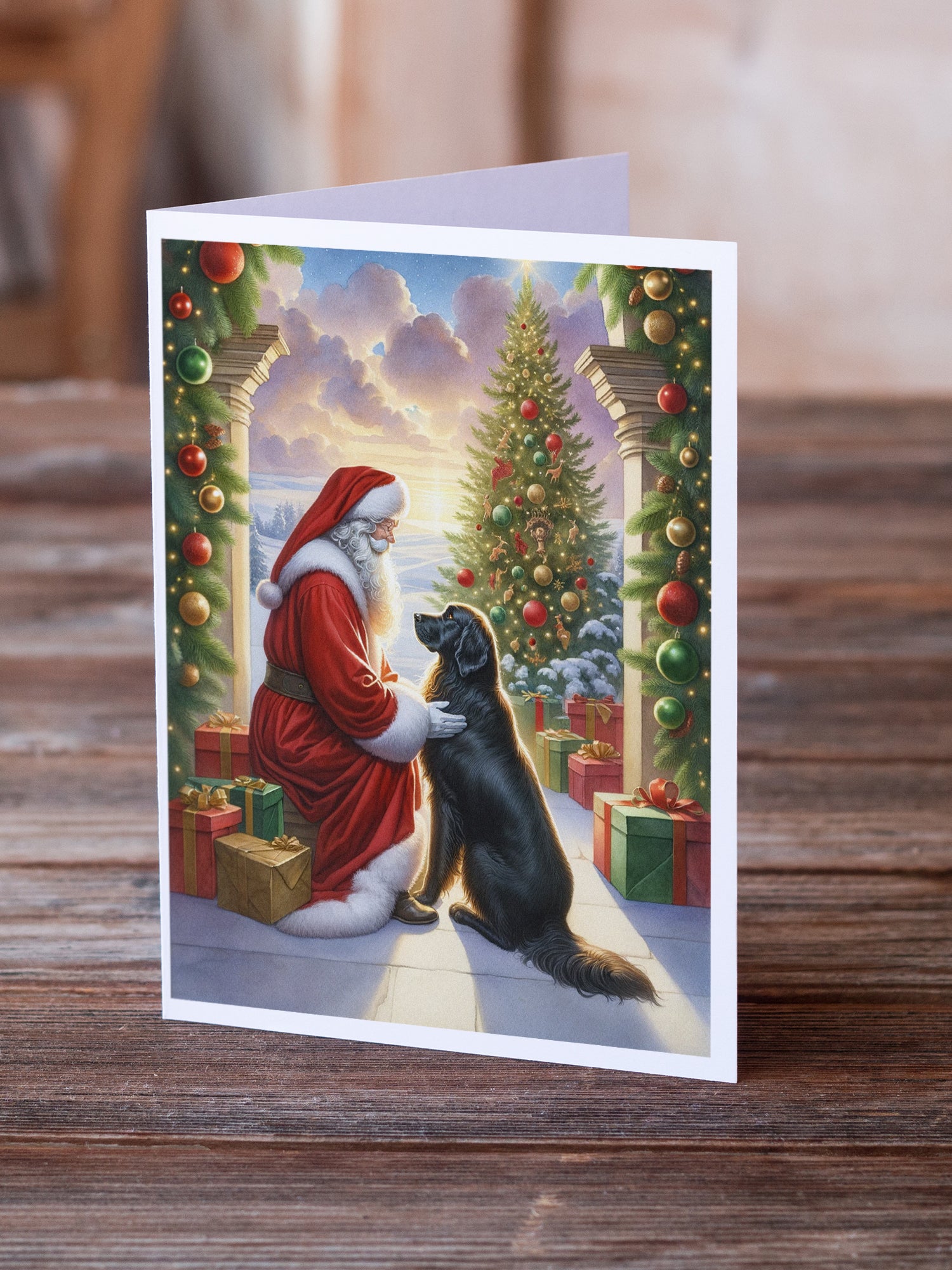 Flat-Coated Retriever and Santa Claus Greeting Cards Pack of 8