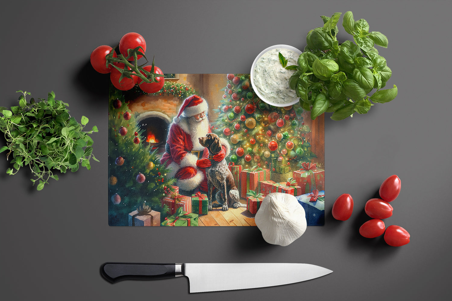 German Shorthaired Pointer and Santa Claus Glass Cutting Board
