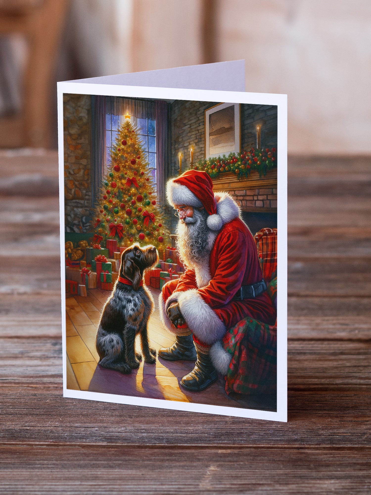 German Wirehaired Pointer and Santa Claus Greeting Cards Pack of 8