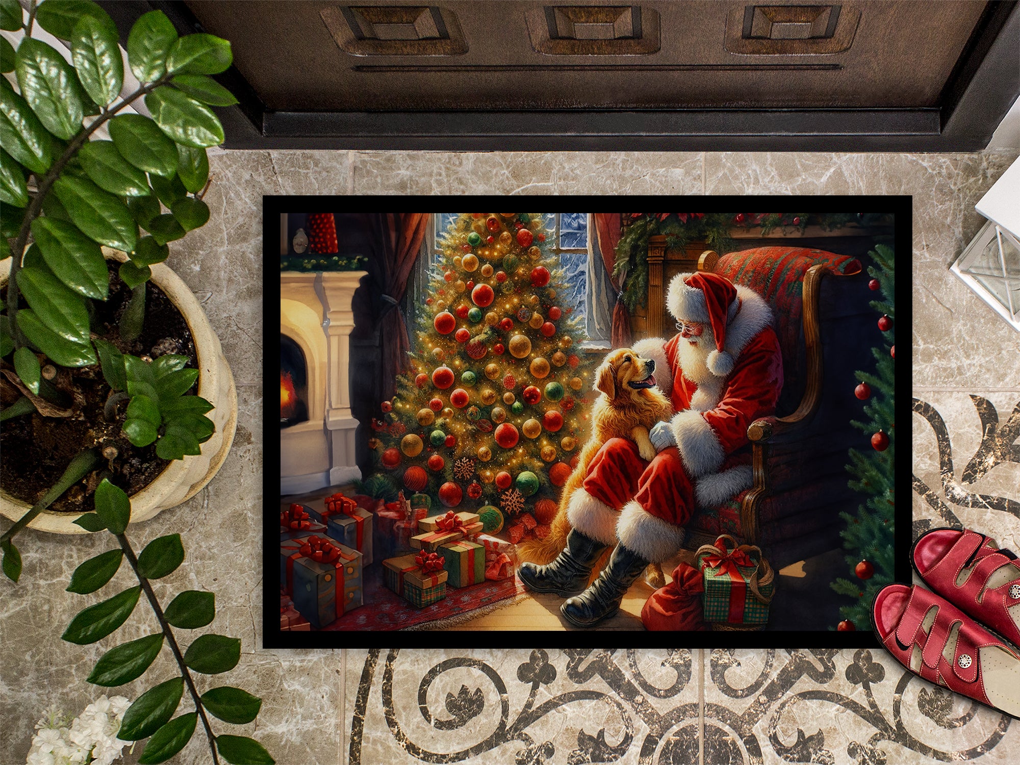 Golden Retriever and Santa Claus Doormat