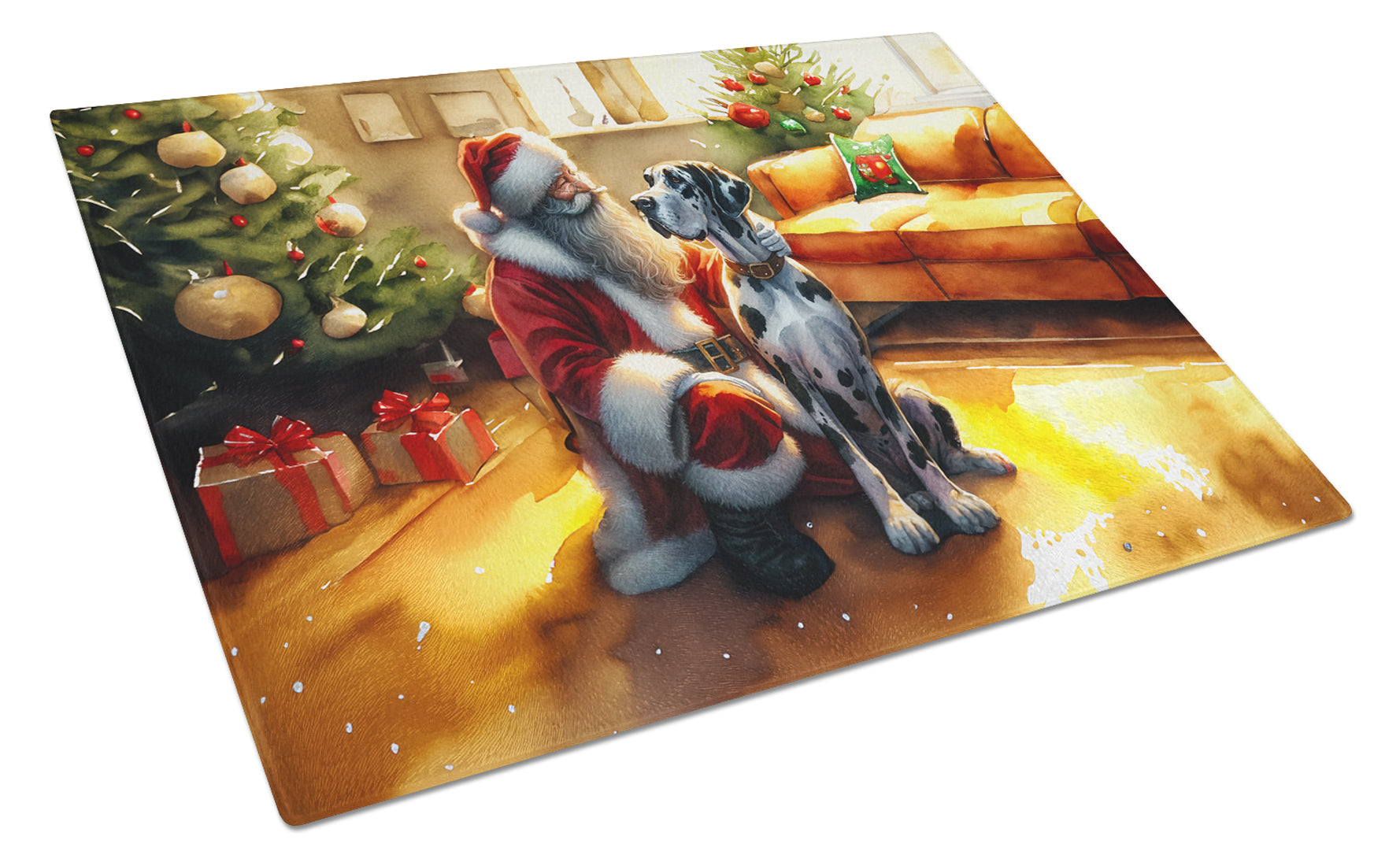 Buy this Great Dane and Santa Claus Glass Cutting Board