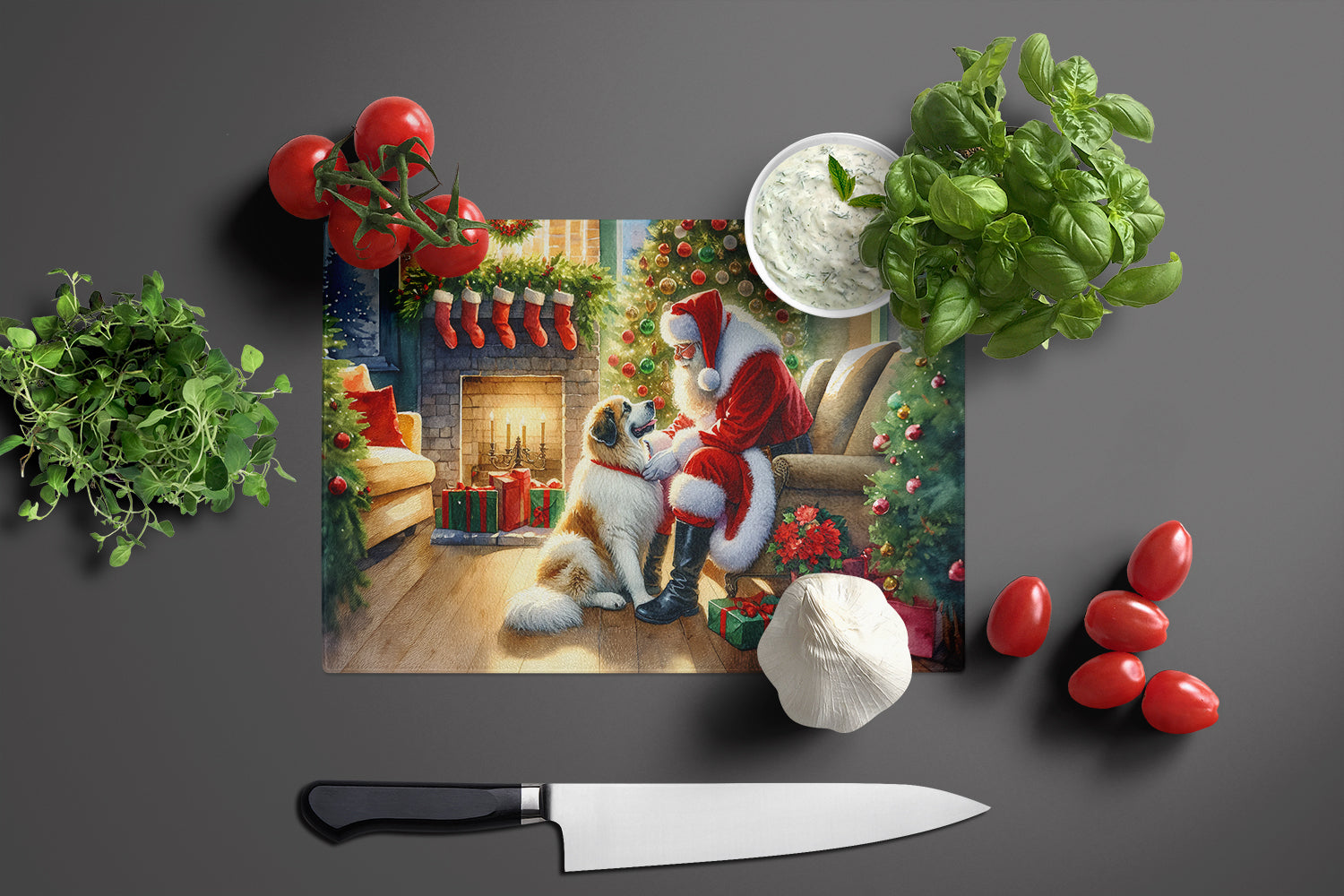Great Pyrenees and Santa Claus Glass Cutting Board