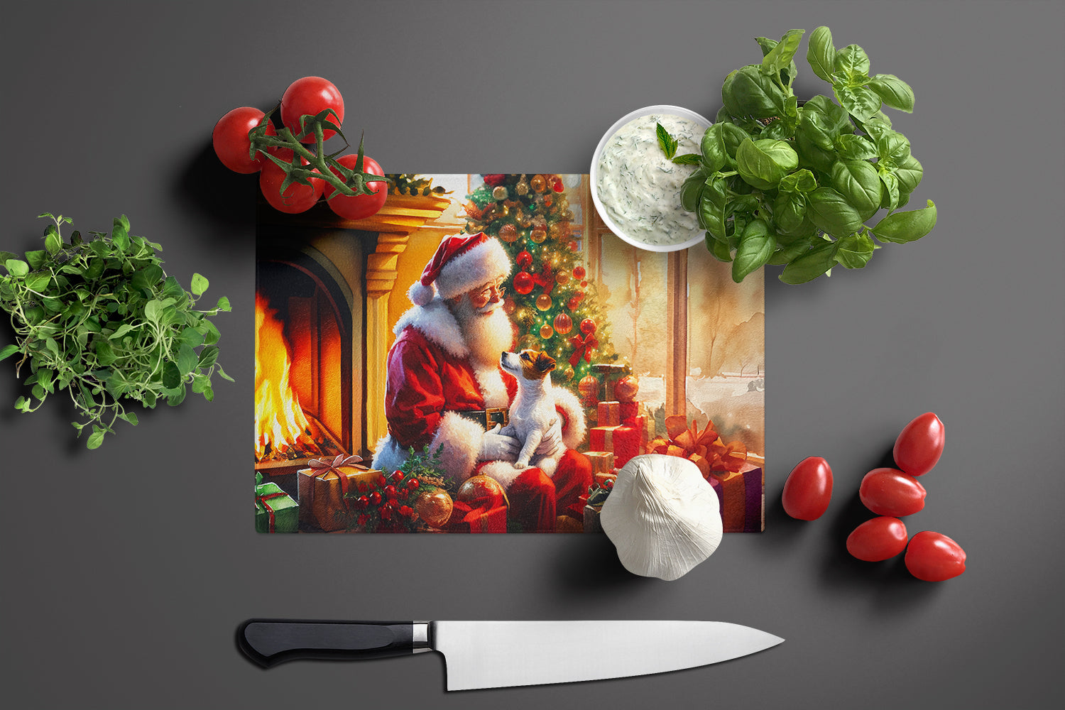Jack Russell Terrier and Santa Claus Glass Cutting Board