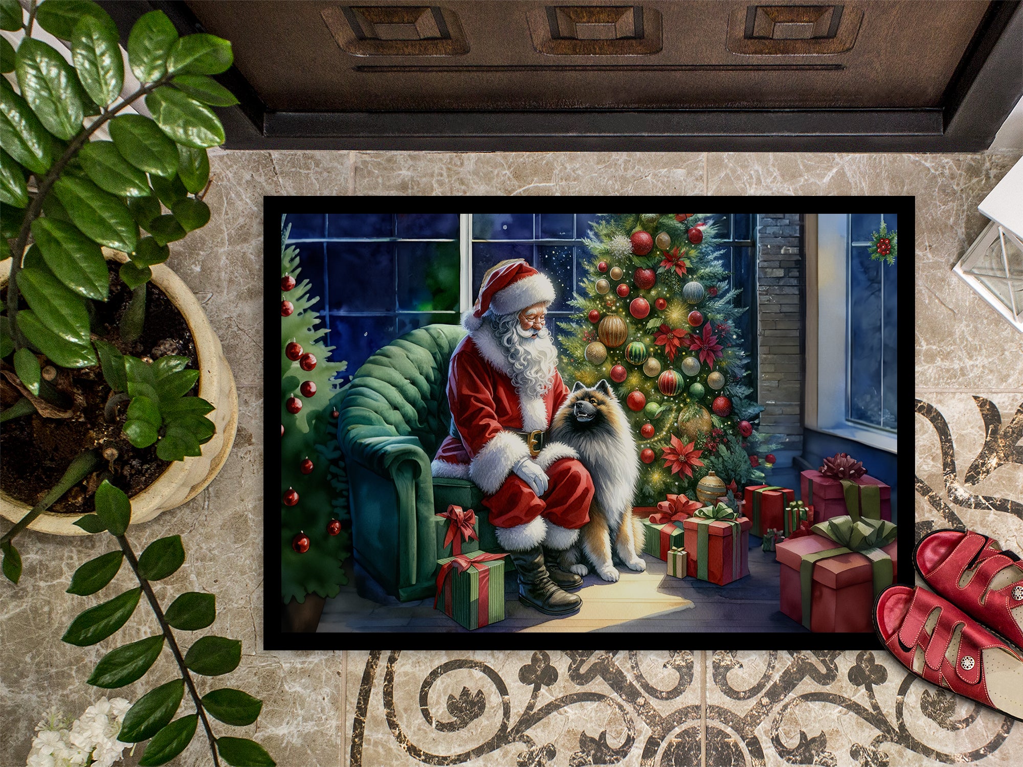 Keeshond and Santa Claus Doormat