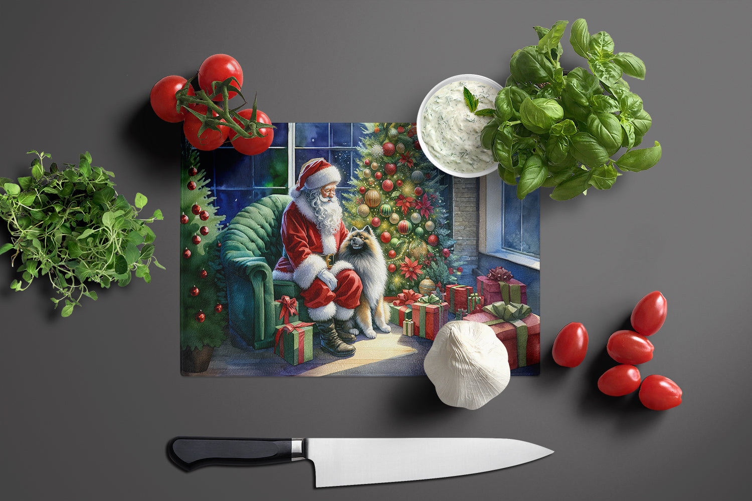 Keeshond and Santa Claus Glass Cutting Board