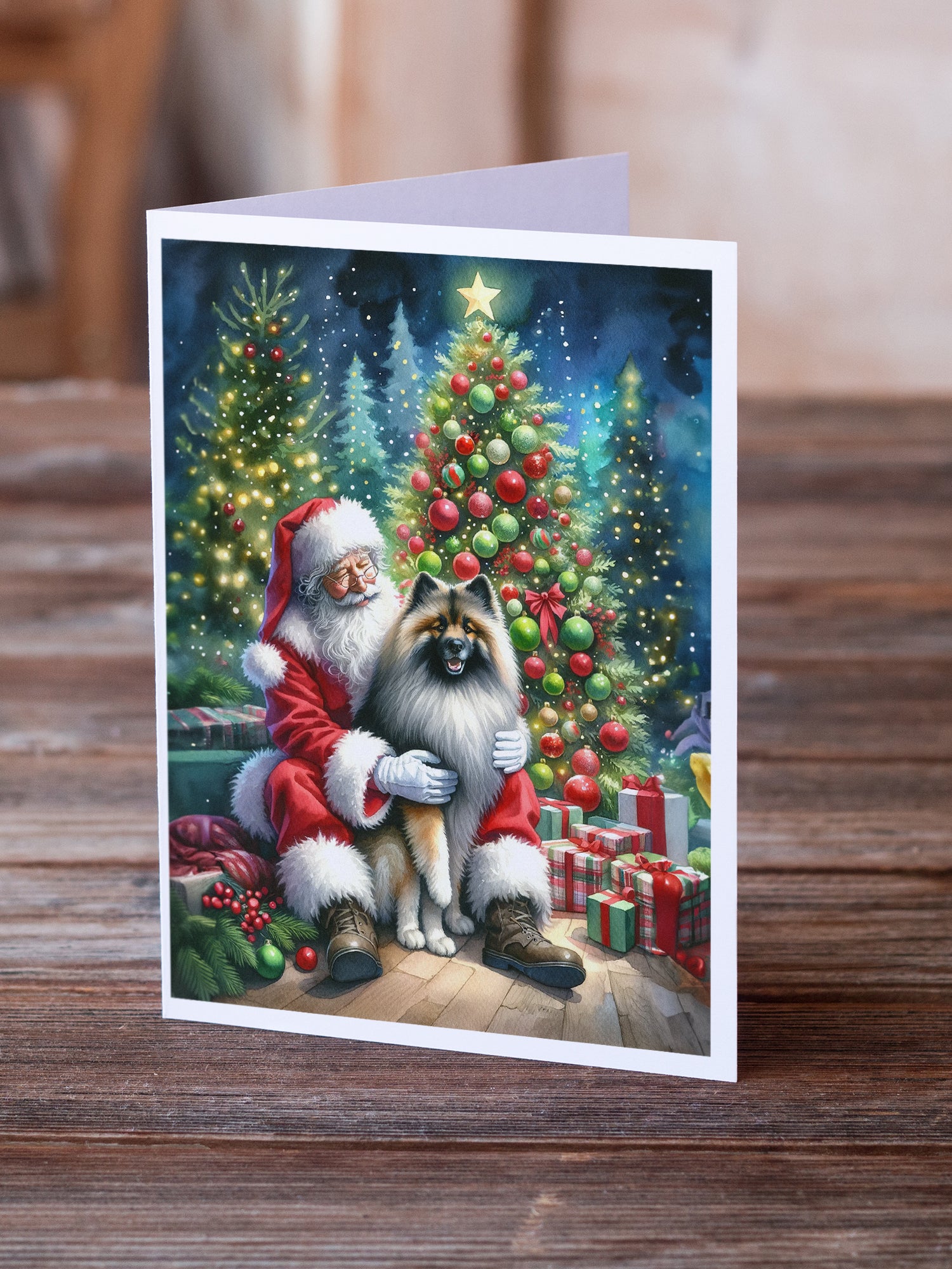 Keeshond and Santa Claus Greeting Cards Pack of 8