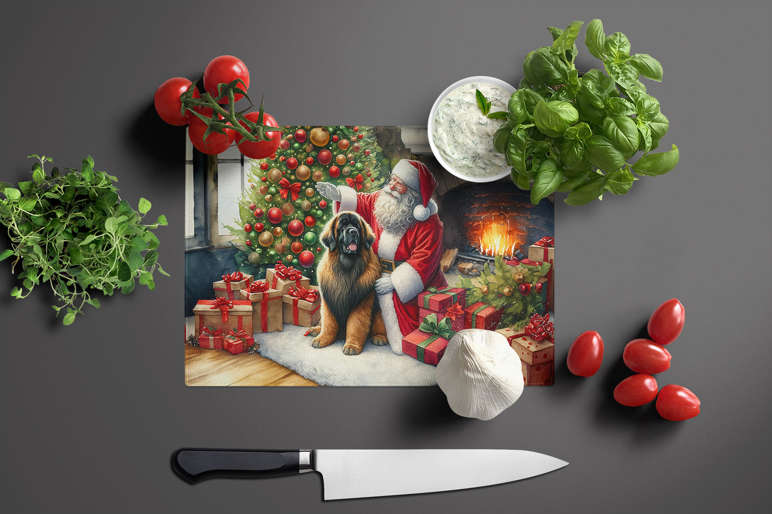 Leonberger and Santa Claus Glass Cutting Board