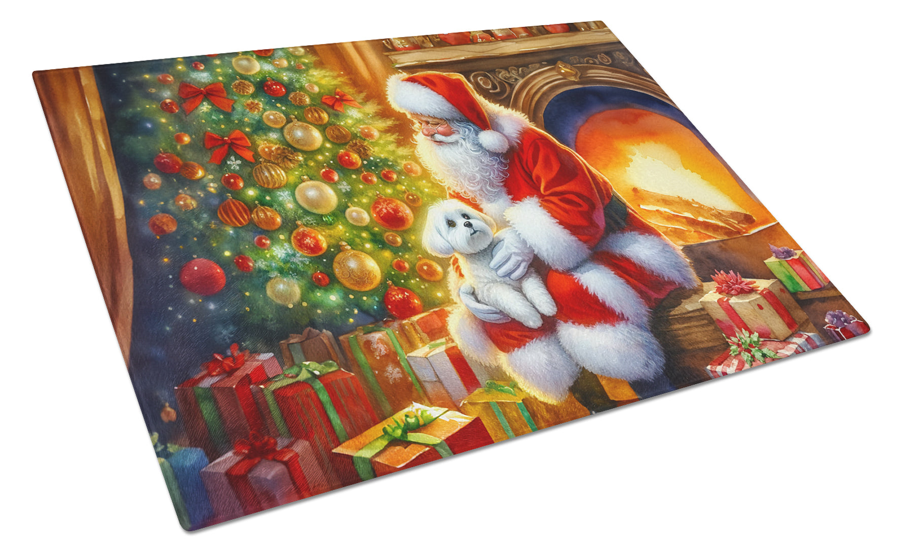 Buy this Maltese and Santa Claus Glass Cutting Board