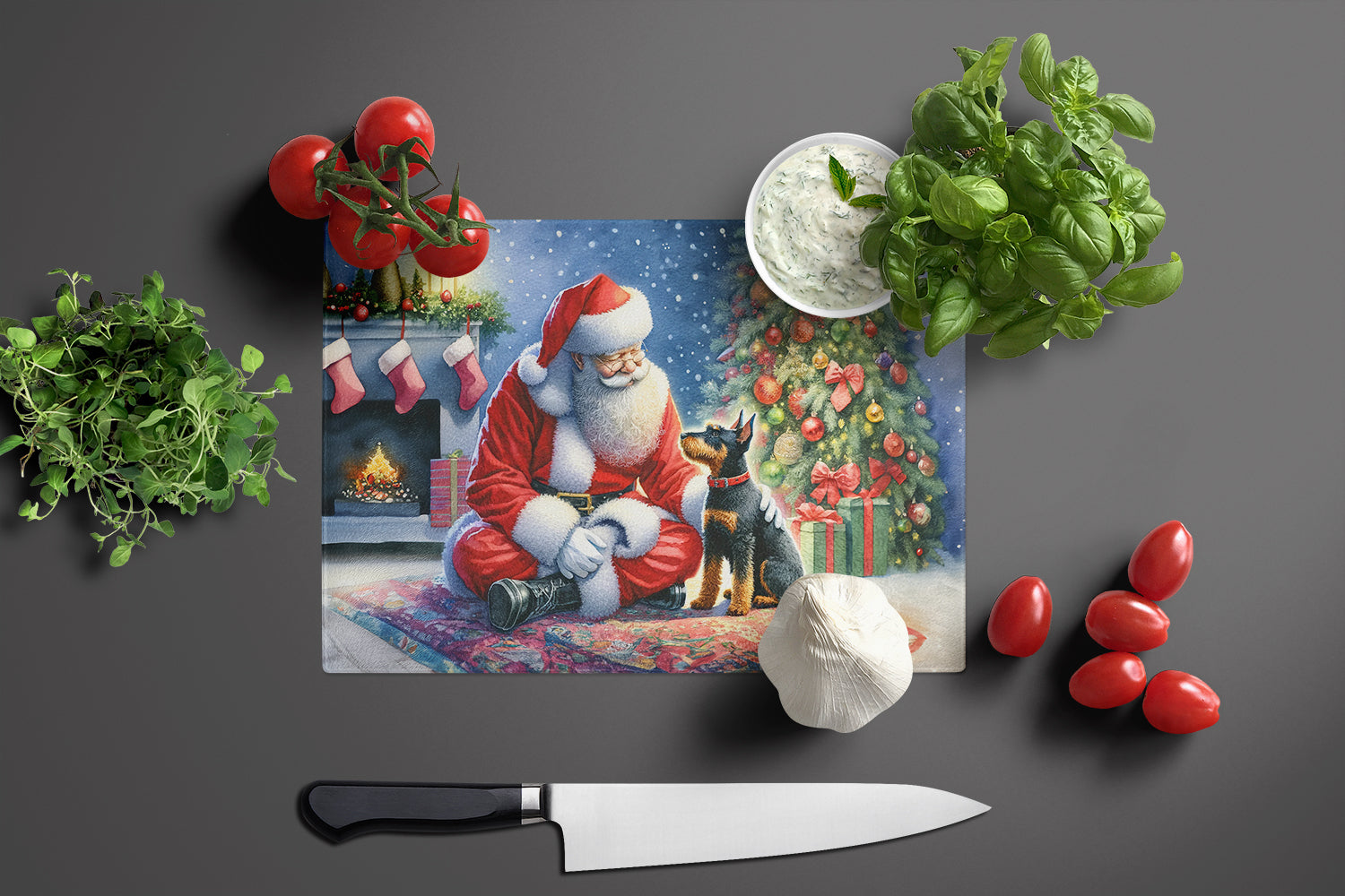 Manchester Terrier and Santa Claus Glass Cutting Board