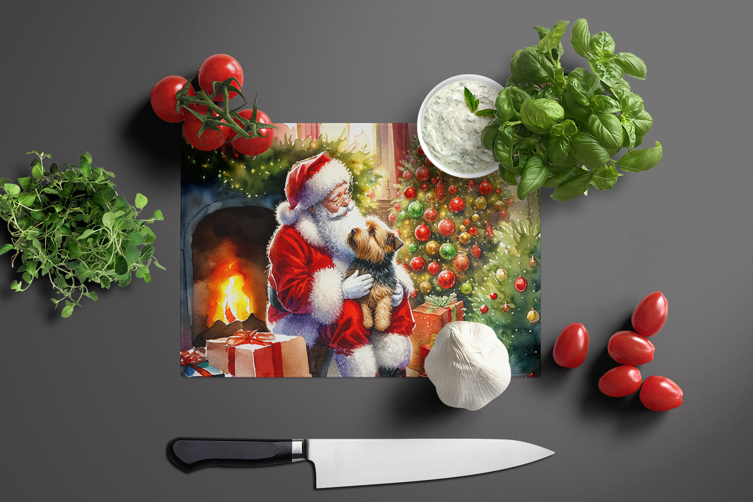 Norfolk Terrier and Santa Claus Glass Cutting Board