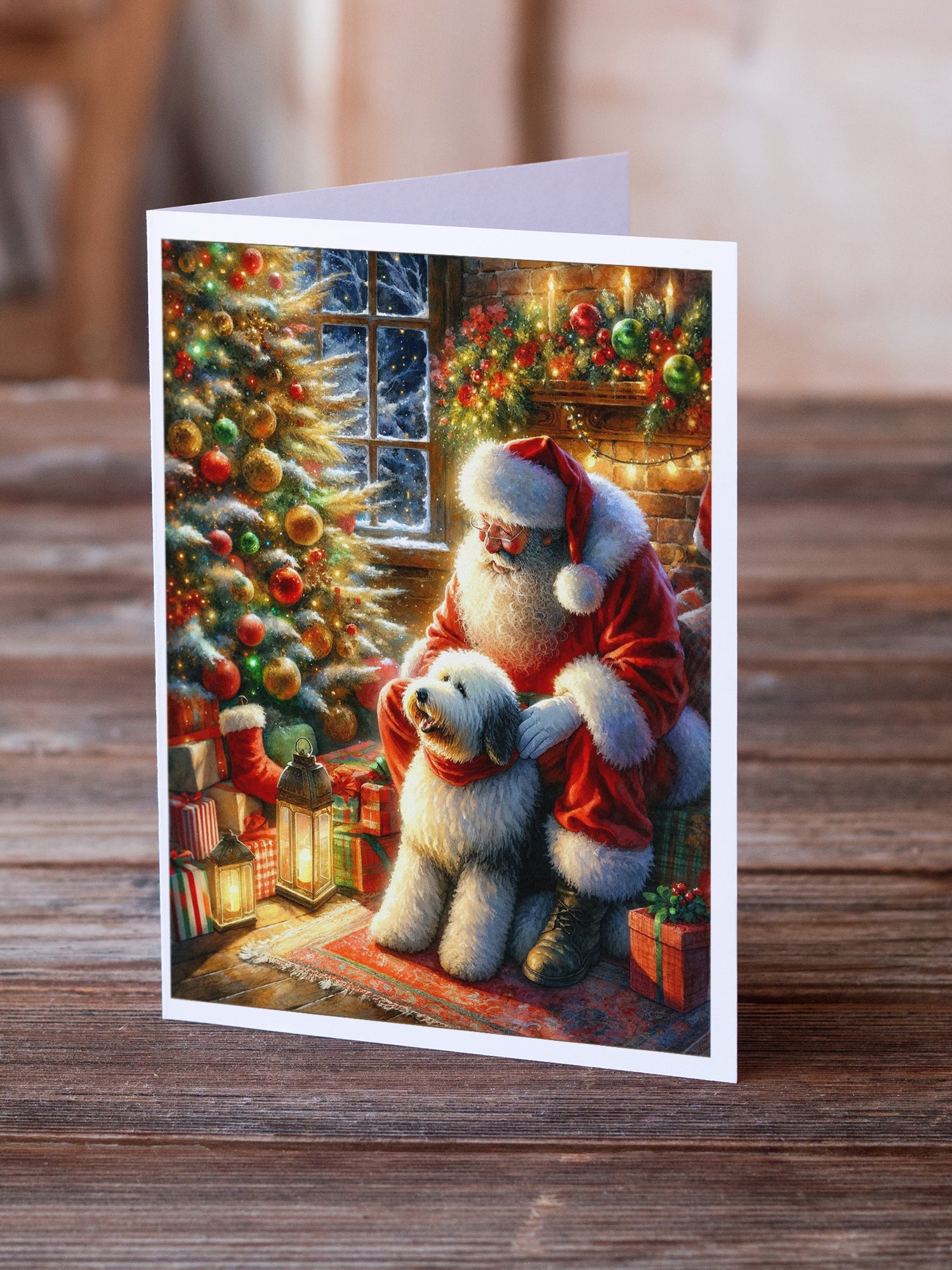 Old English Sheepdog and Santa Claus Greeting Cards Pack of 8