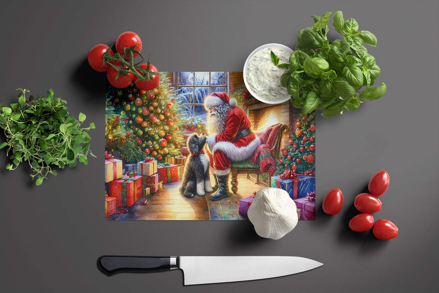 Portuguese Water Dog and Santa Claus Glass Cutting Board