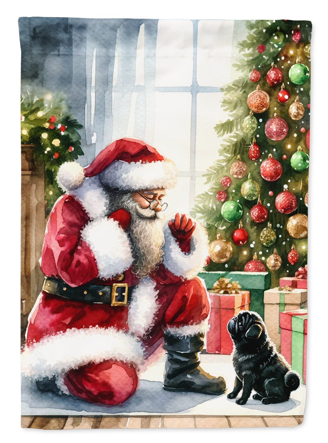 Buy this Black Pug and Santa Claus House Flag