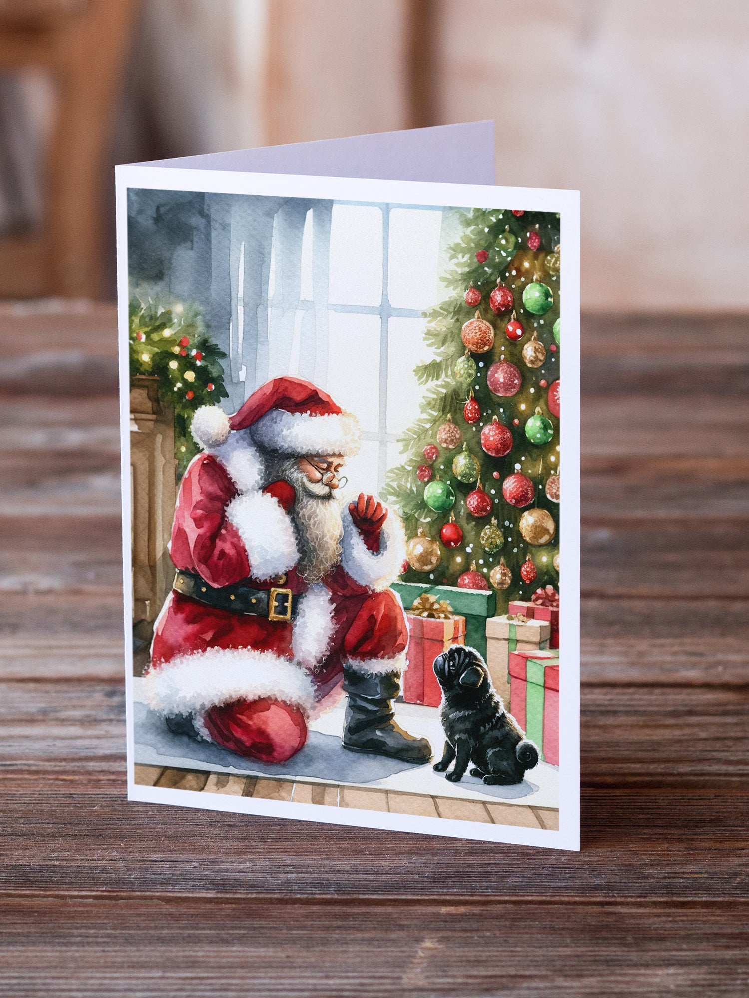 Black Pug and Santa Claus Greeting Cards Pack of 8