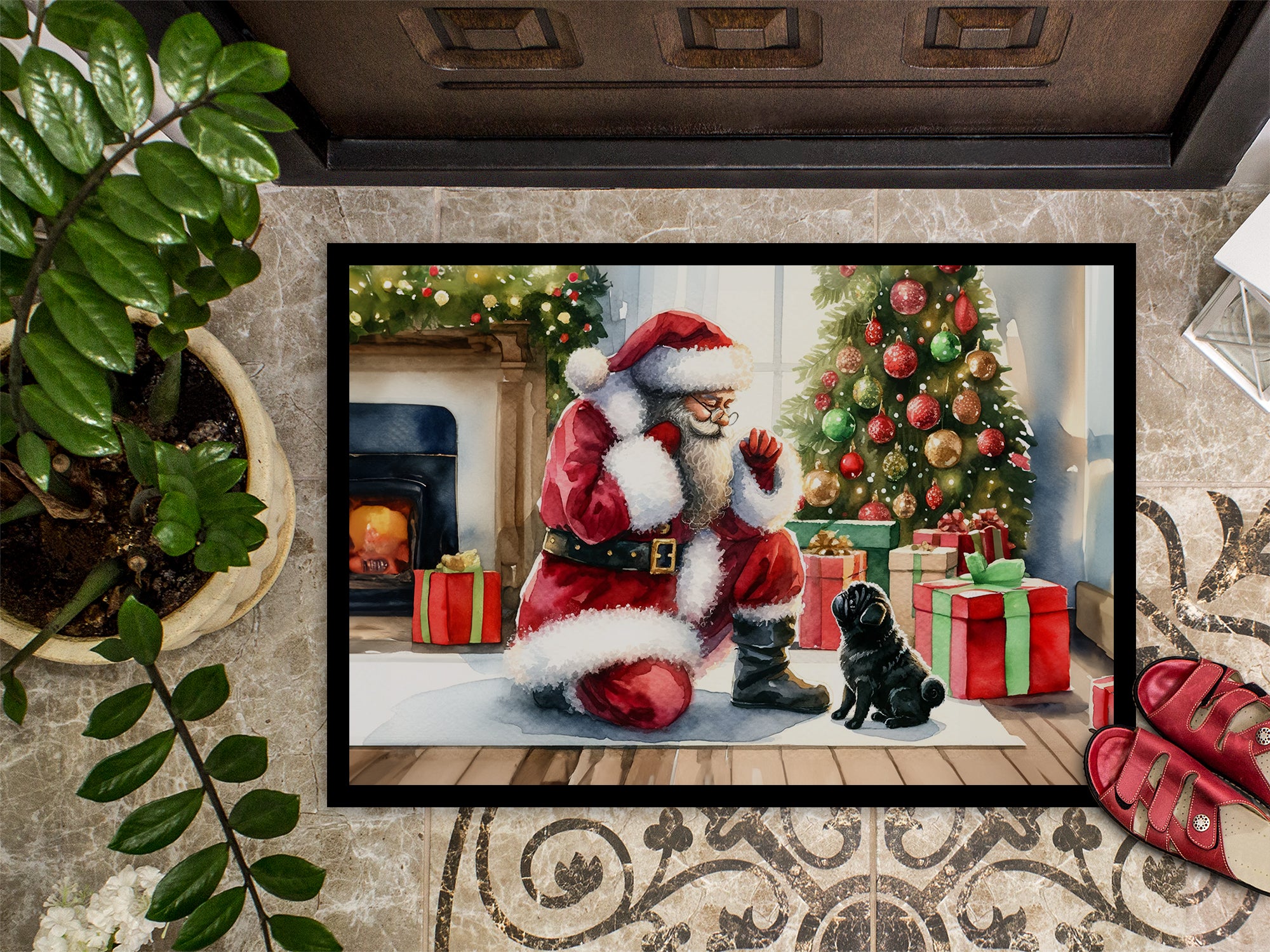 Black Pug and Santa Claus Doormat