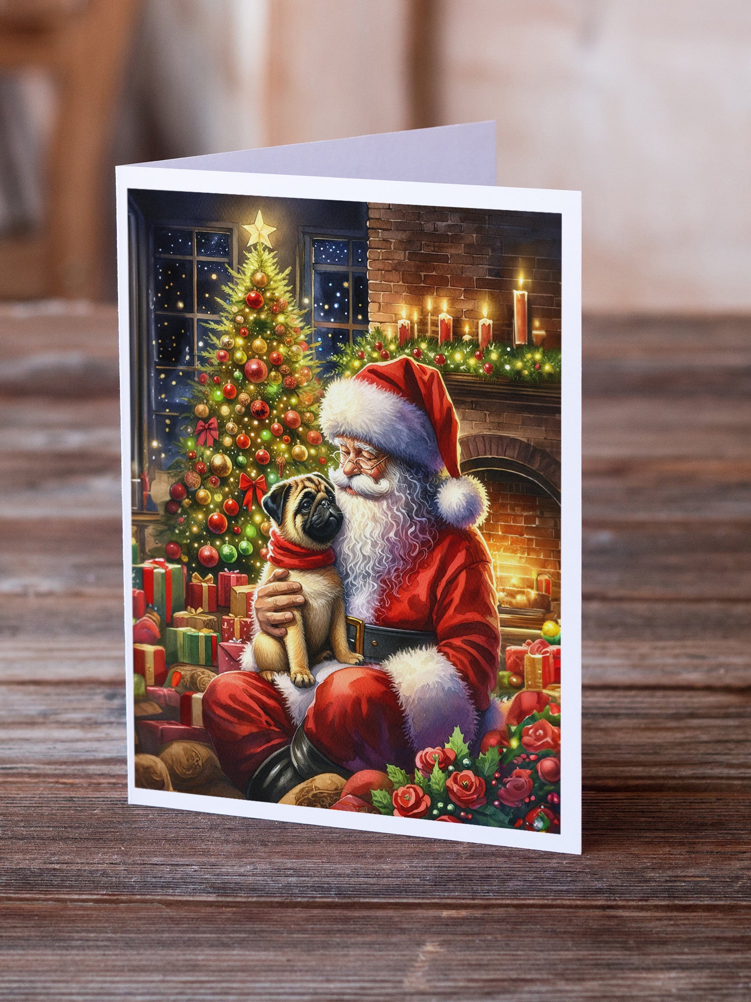 Fawn Pug and Santa Claus Greeting Cards Pack of 8