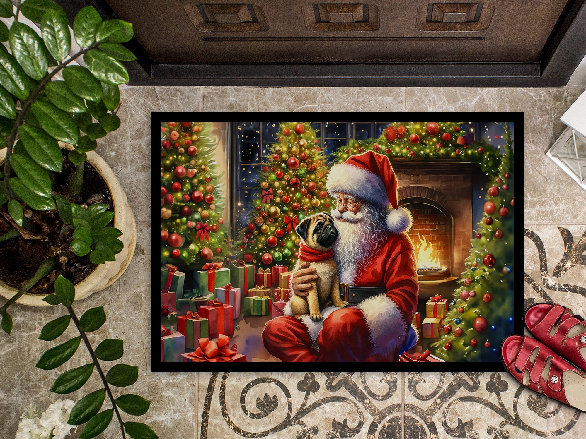 Fawn Pug and Santa Claus Doormat