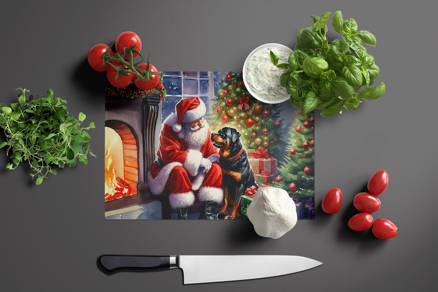 Rottweiler and Santa Claus Glass Cutting Board