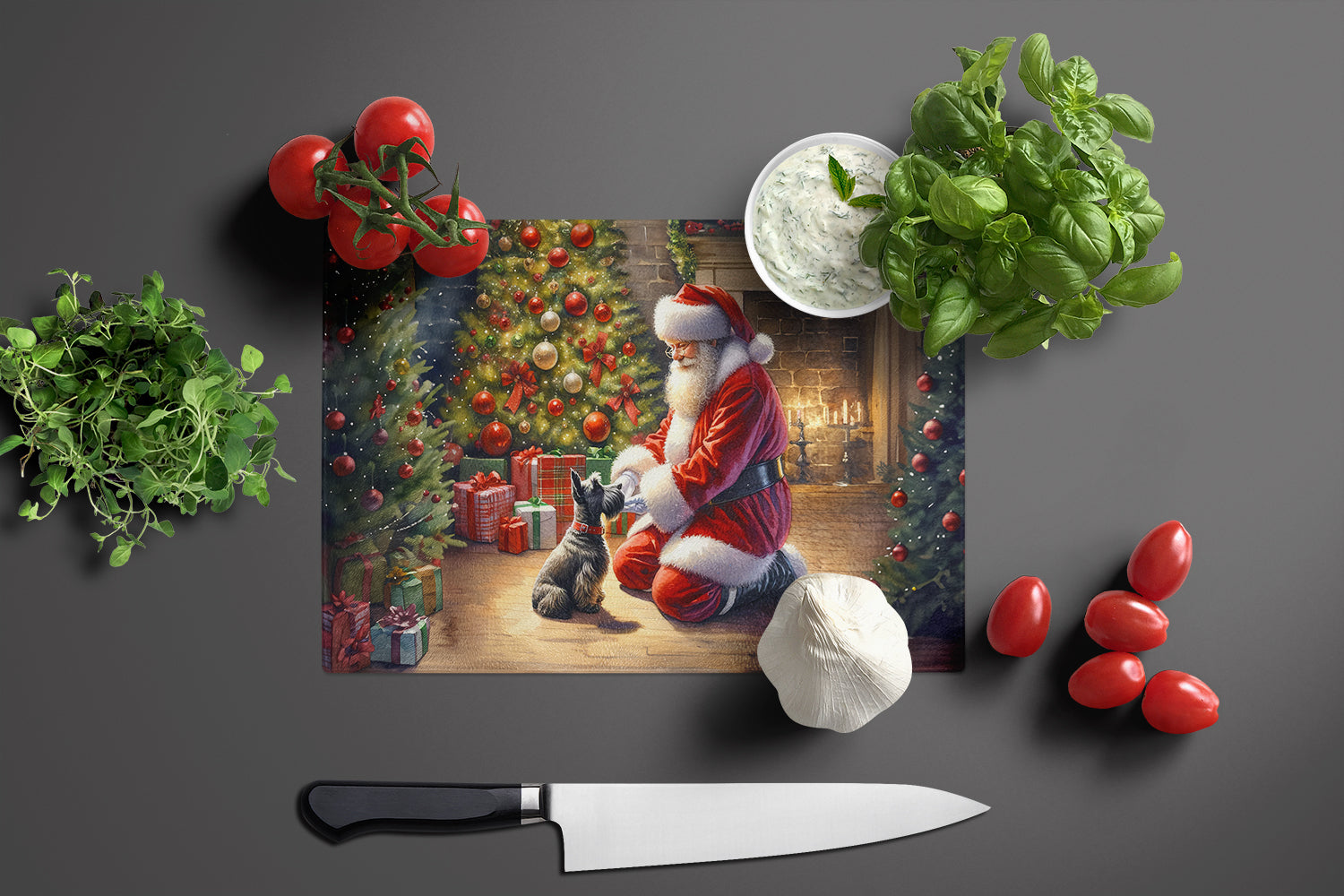 Scottish Terrier and Santa Claus Glass Cutting Board