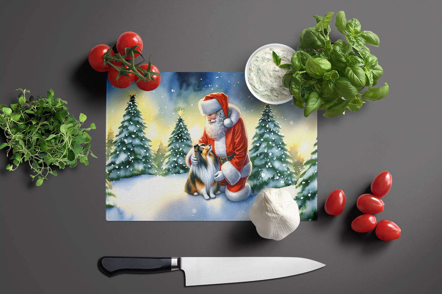 Sheltie and Santa Claus Glass Cutting Board
