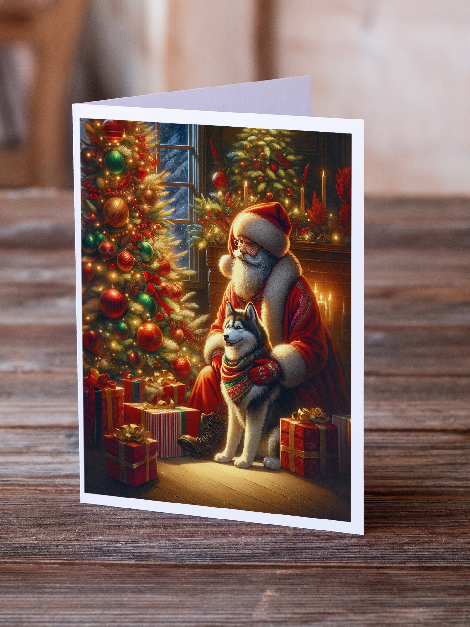 Siberian Husky and Santa Claus Greeting Cards Pack of 8