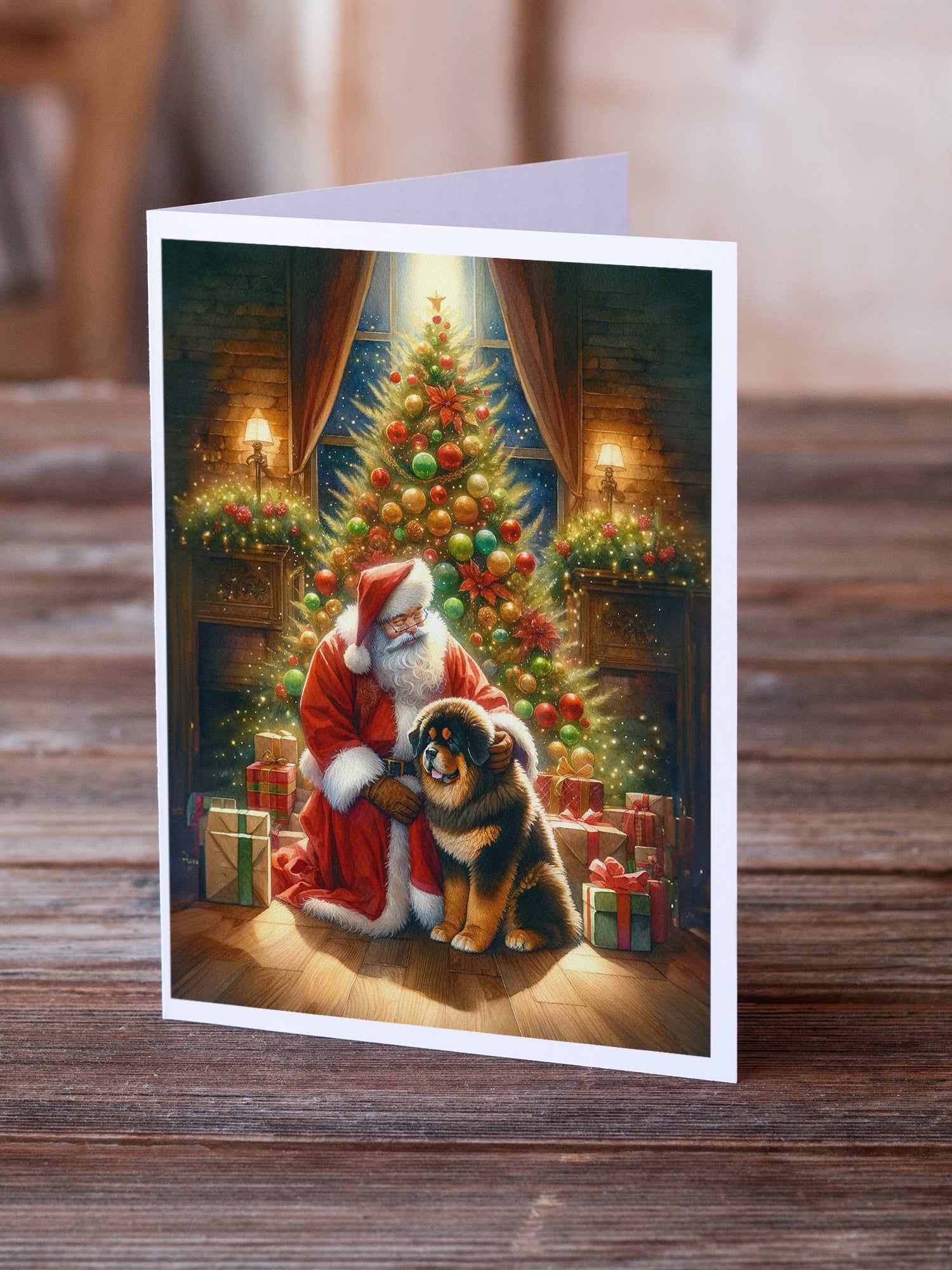 Tibetan Mastiff and Santa Claus Greeting Cards Pack of 8