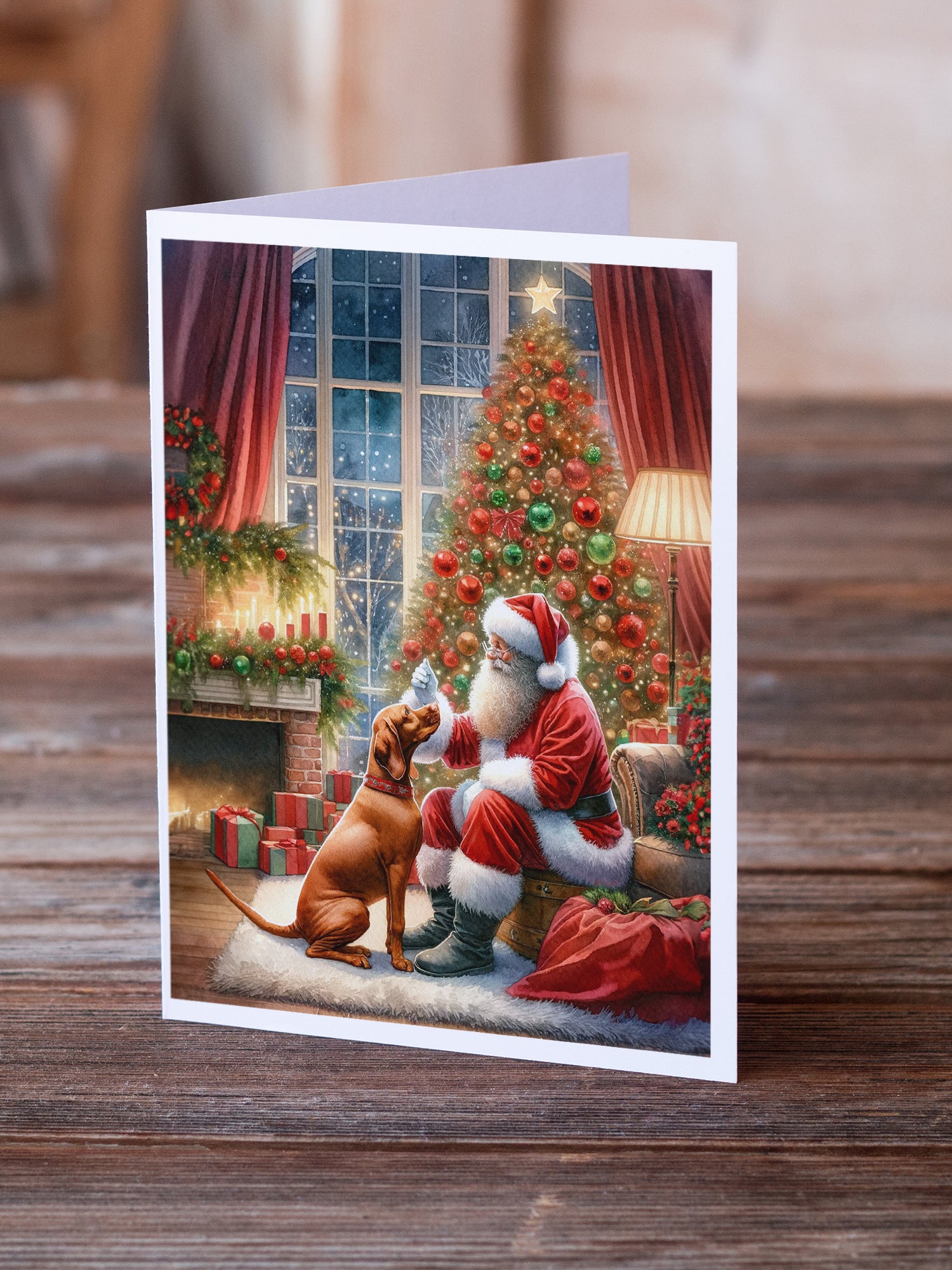 Vizsla and Santa Claus Greeting Cards Pack of 8