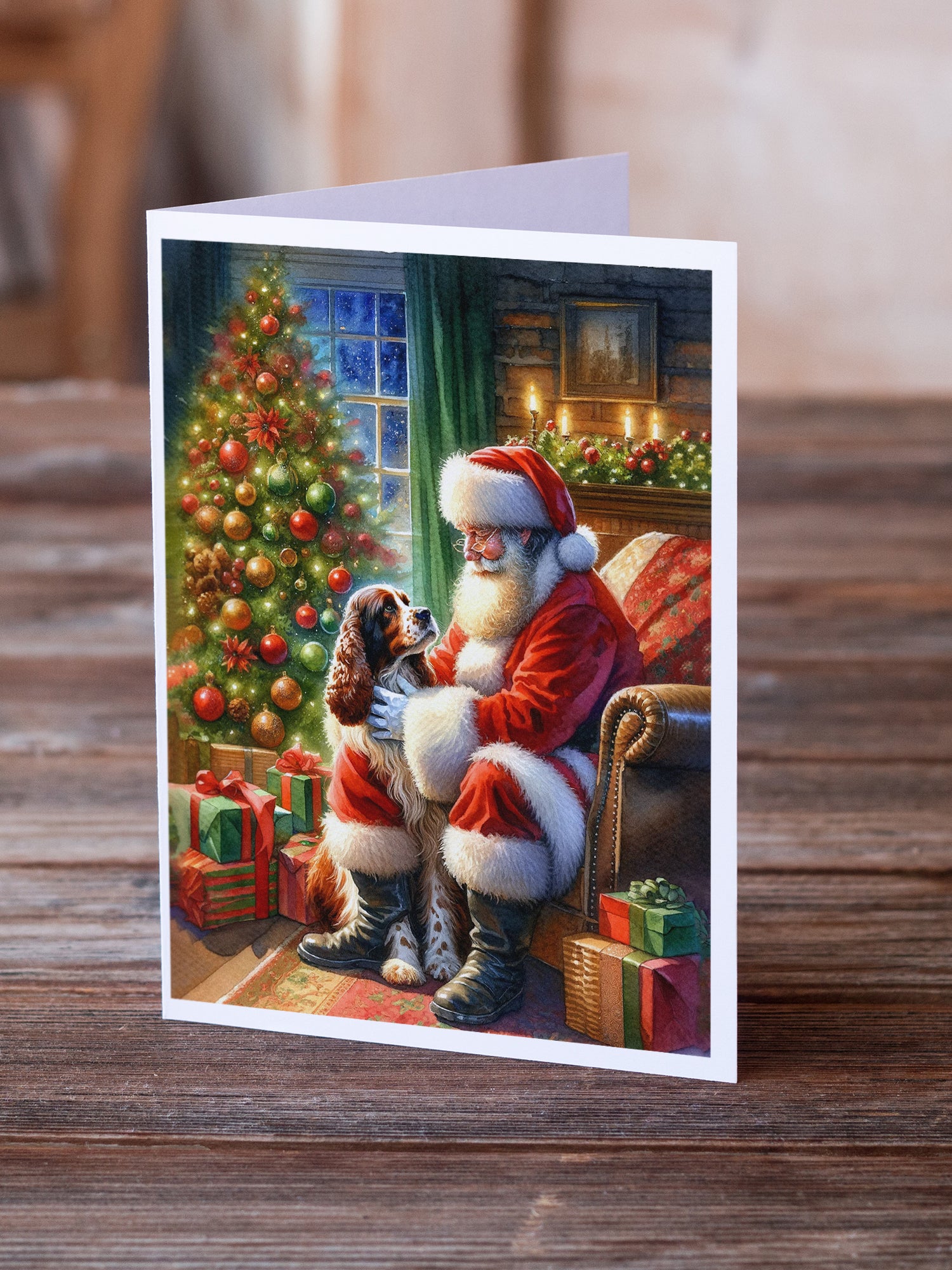 Welsh Springer Spaniel and Santa Claus Greeting Cards Pack of 8
